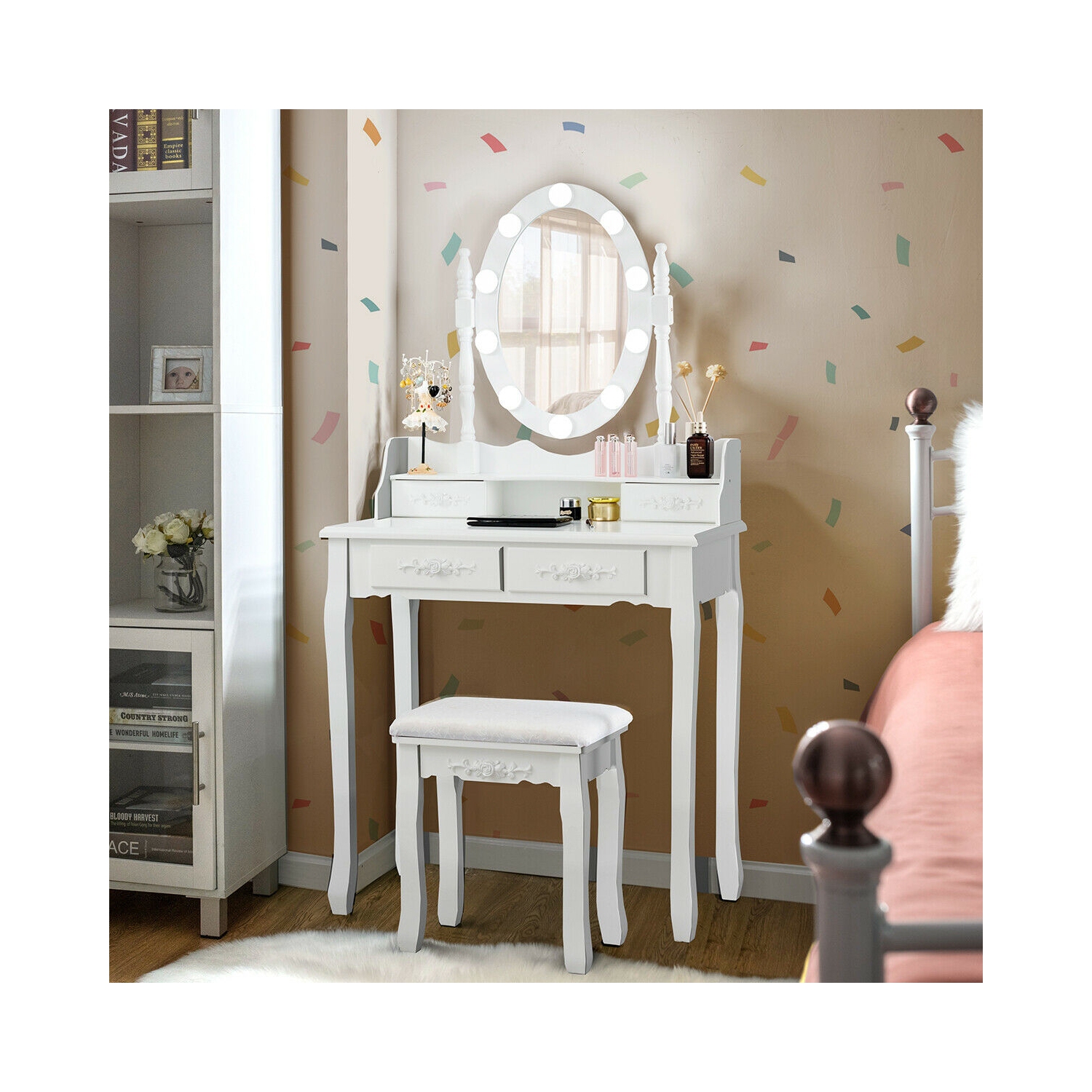 Makeup Dressing Table with Touch Switch Lighted Mirror and Cushioned Stool-White