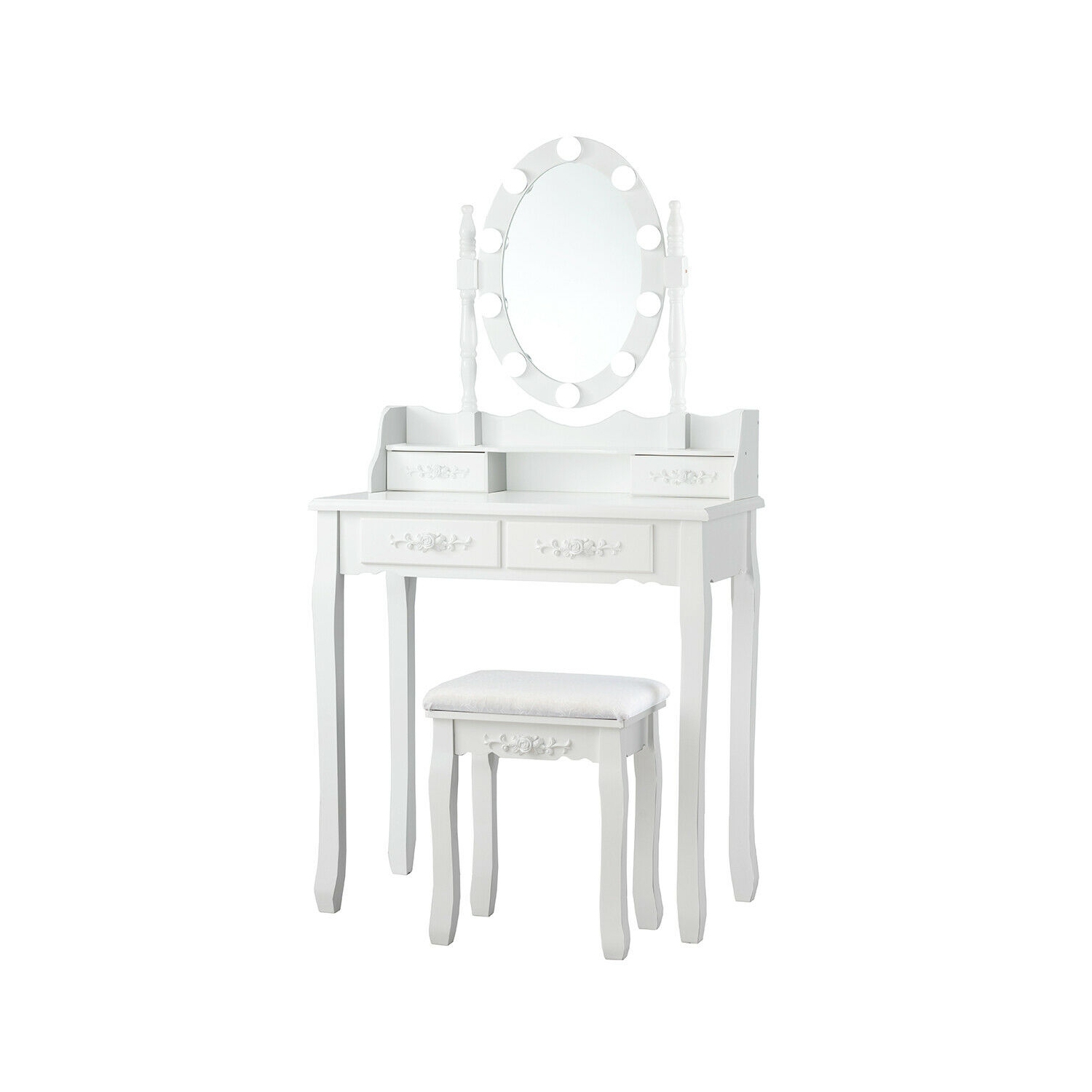 Makeup Dressing Table with Touch Switch Lighted Mirror and Cushioned Stool-White