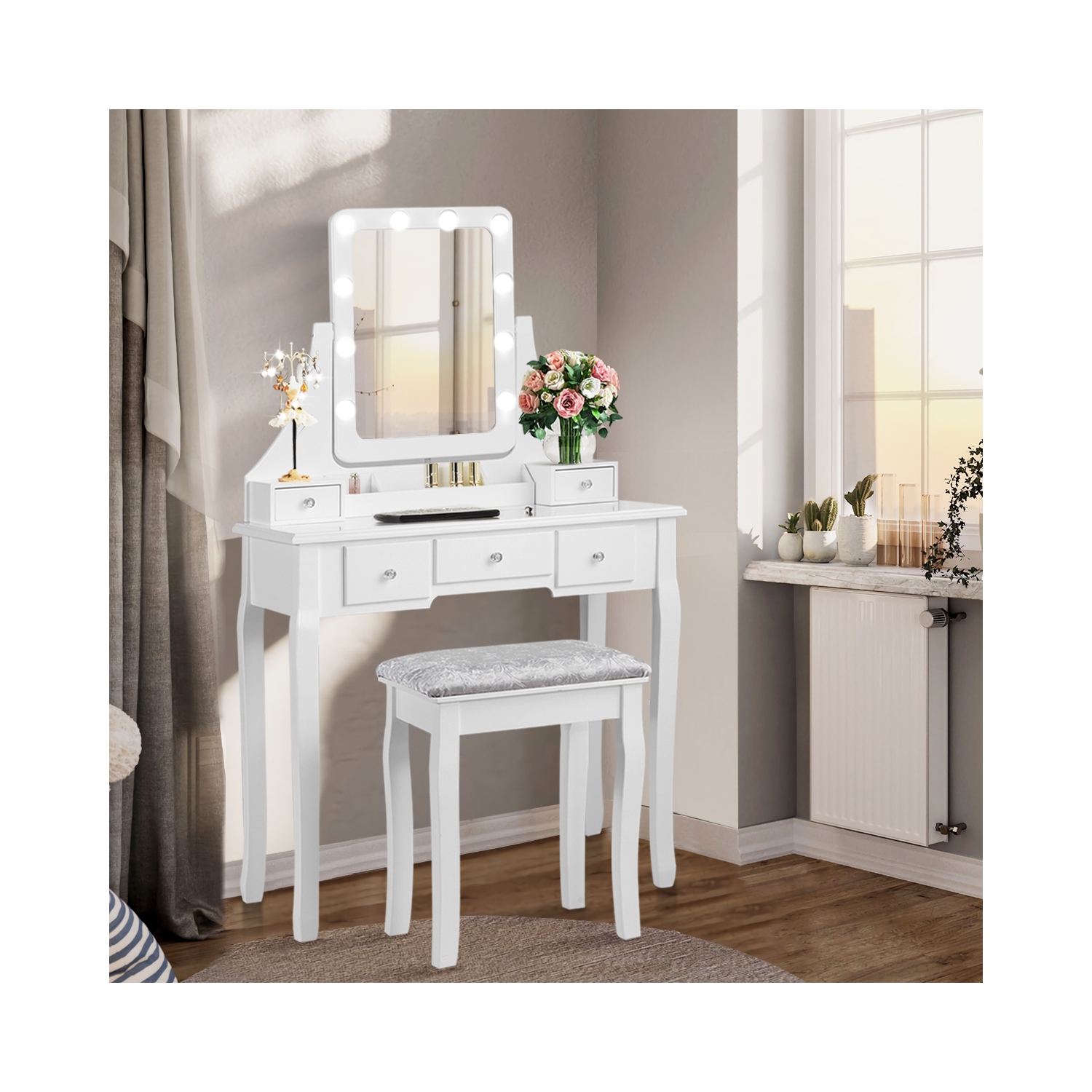 Vanity Table Set with Rectangular Mirror-White