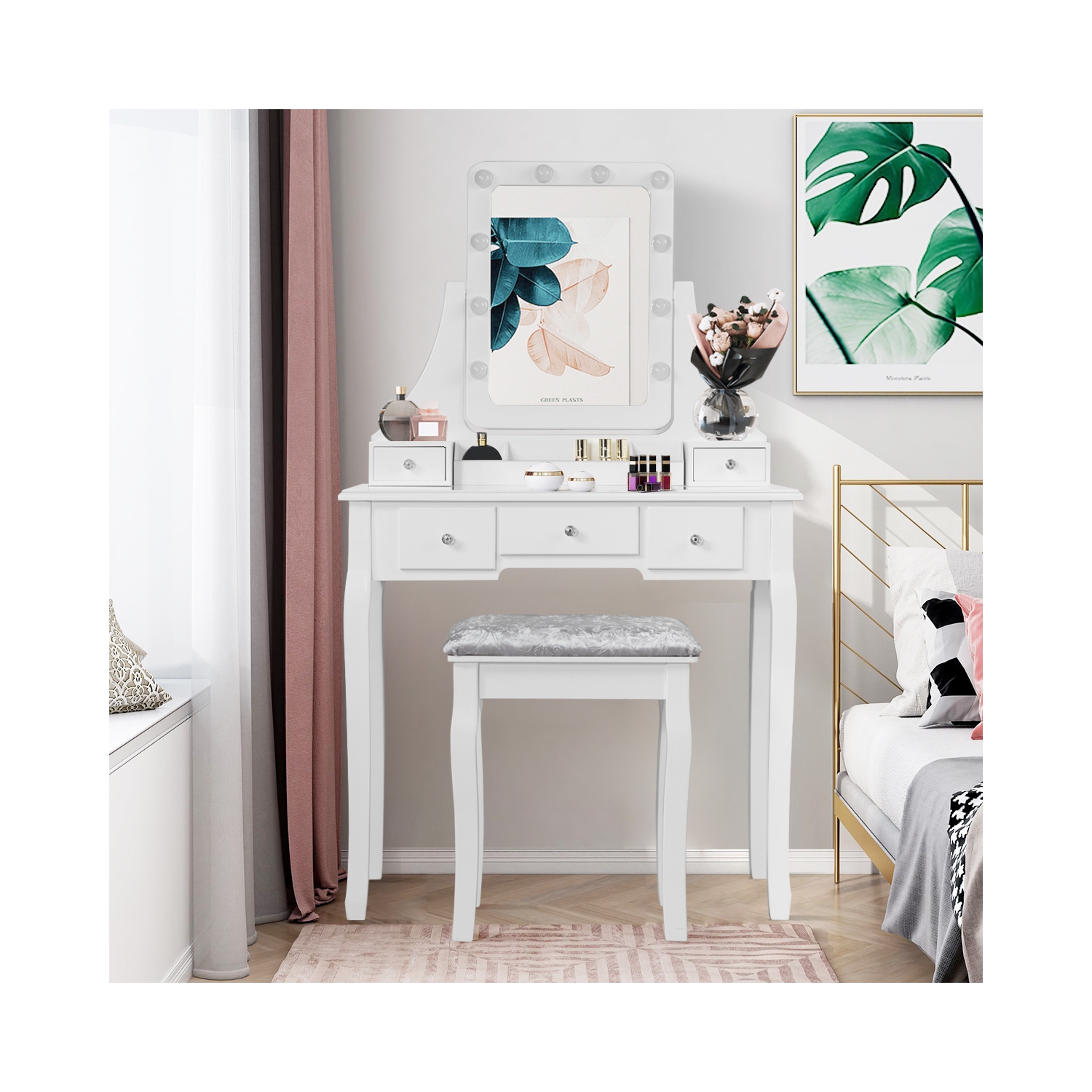 Vanity Table Set with Rectangular Mirror-White