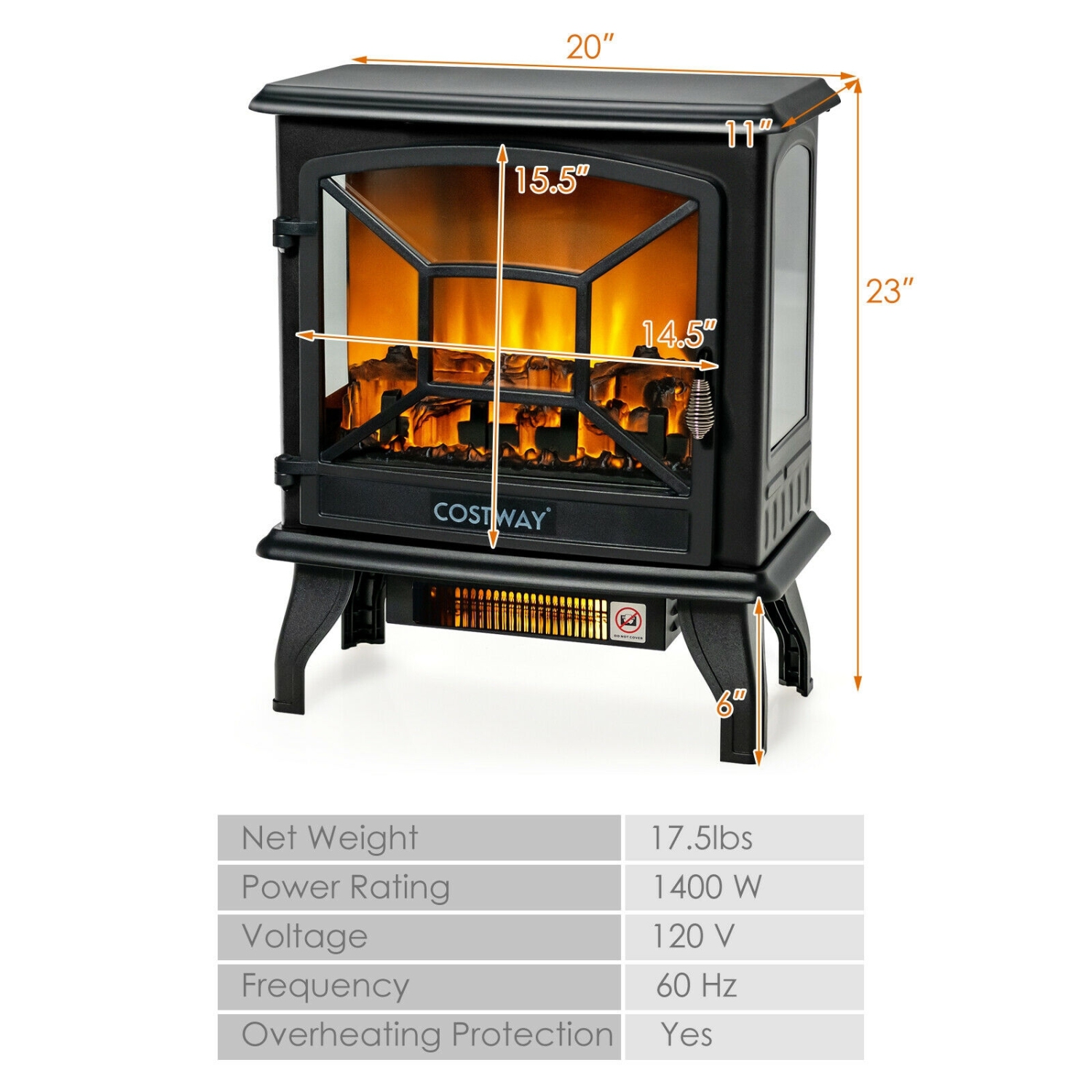 Foyer électrique autonome de 20 po et 1400 W avec flamme réaliste - Noir