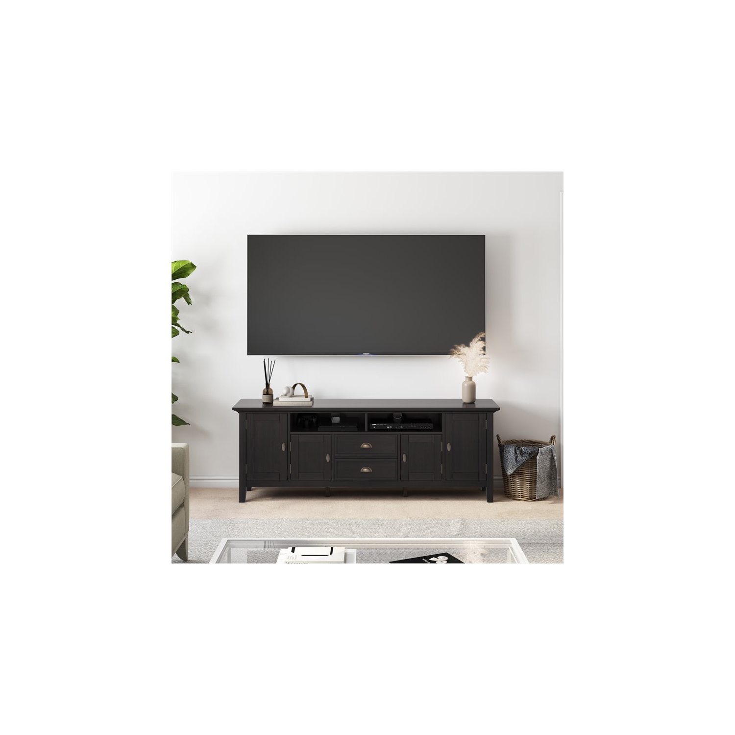 Meuble multimédia transitionnel en bois Redmond de Simpli Home pour téléviseur de 72 po au plus - Brun noyer 80