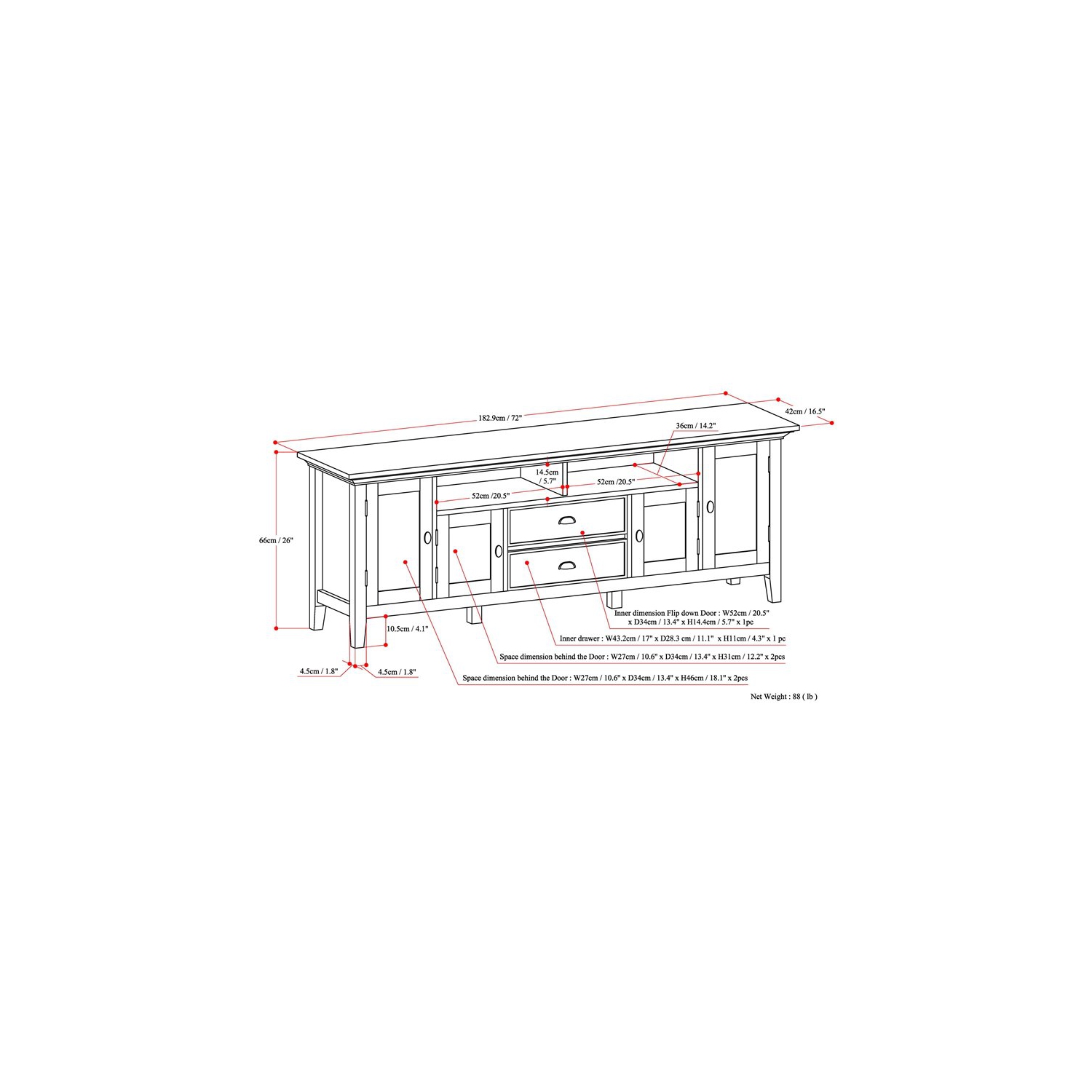 Meuble multimédia transitionnel en bois Redmond de Simpli Home pour téléviseur de 72 po au plus - Brun noyer 80