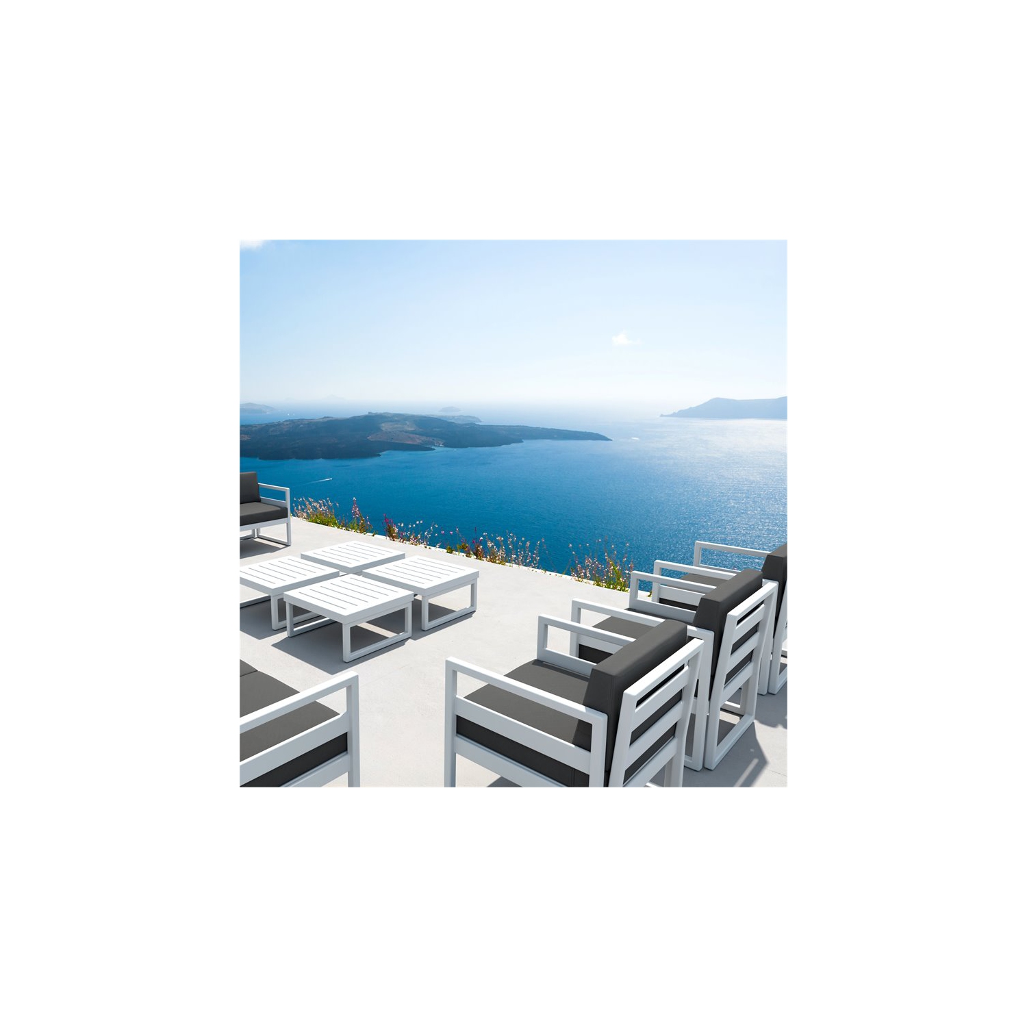 Mykonos Patio Club Chair in White Finish with Acrylic Fabric Charcoal Cushions