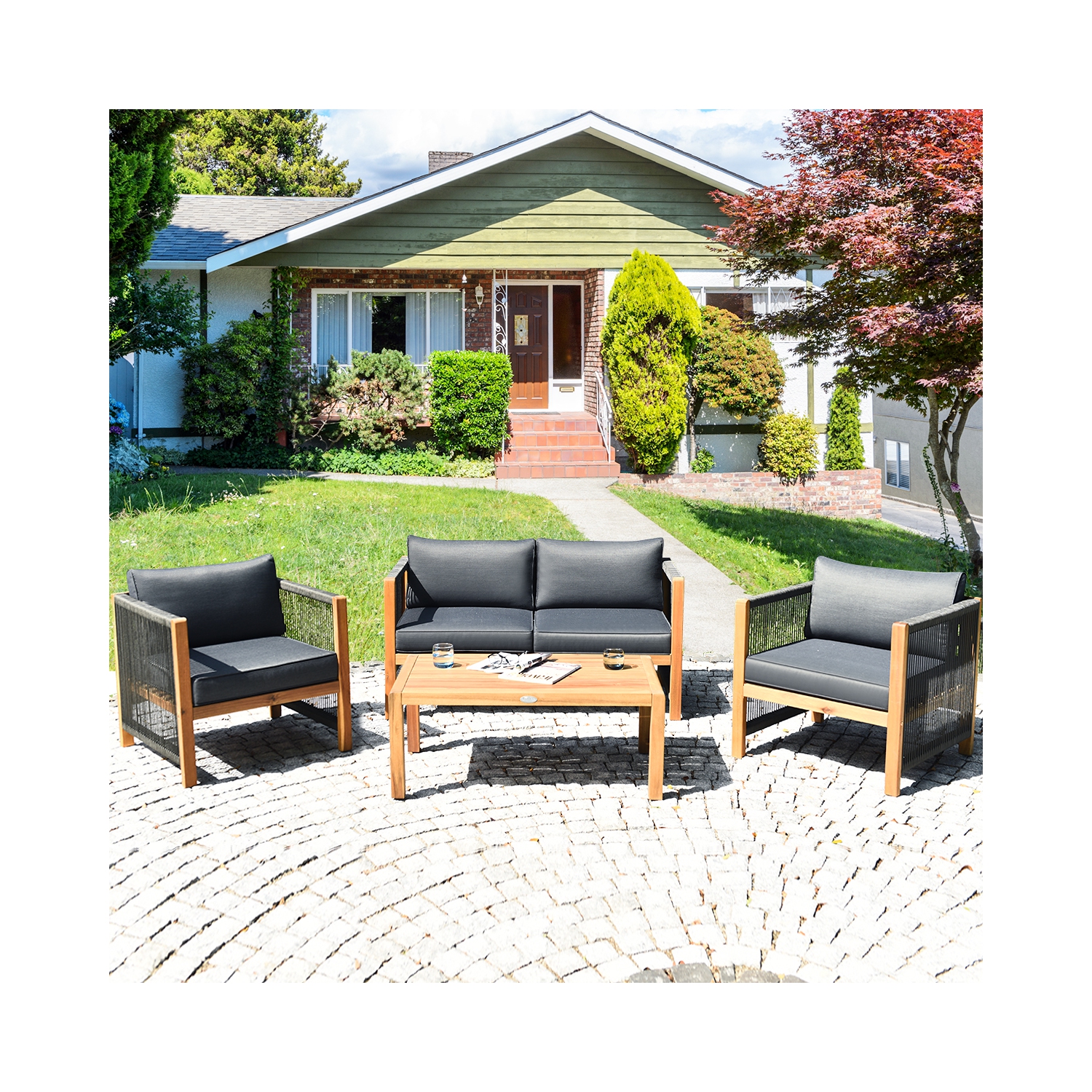 Costway 4PCS Wooden Patio Furniture Set CUS01hioned Sofa W/Rope Armrest