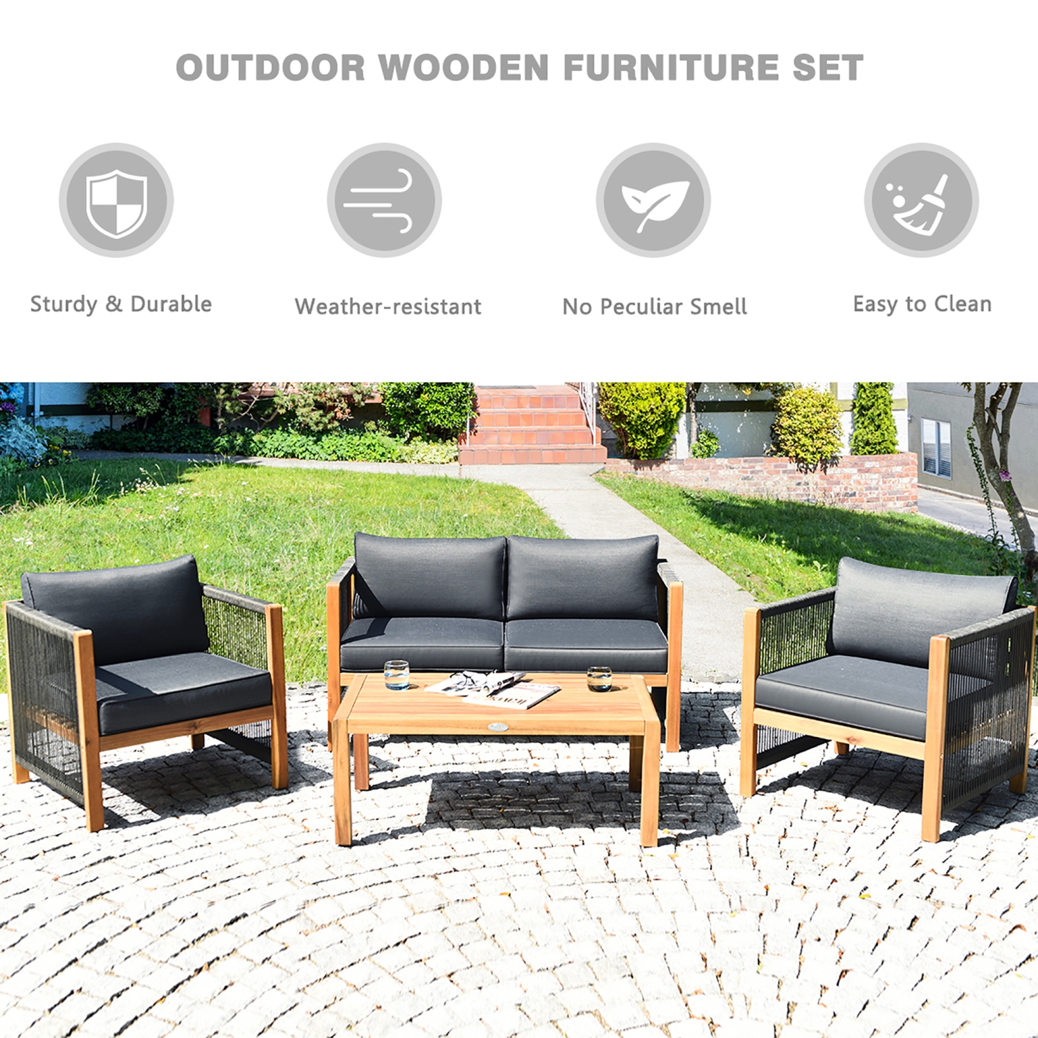 Costway 4PCS Wooden Patio Furniture Set CUS01hioned Sofa W/Rope Armrest