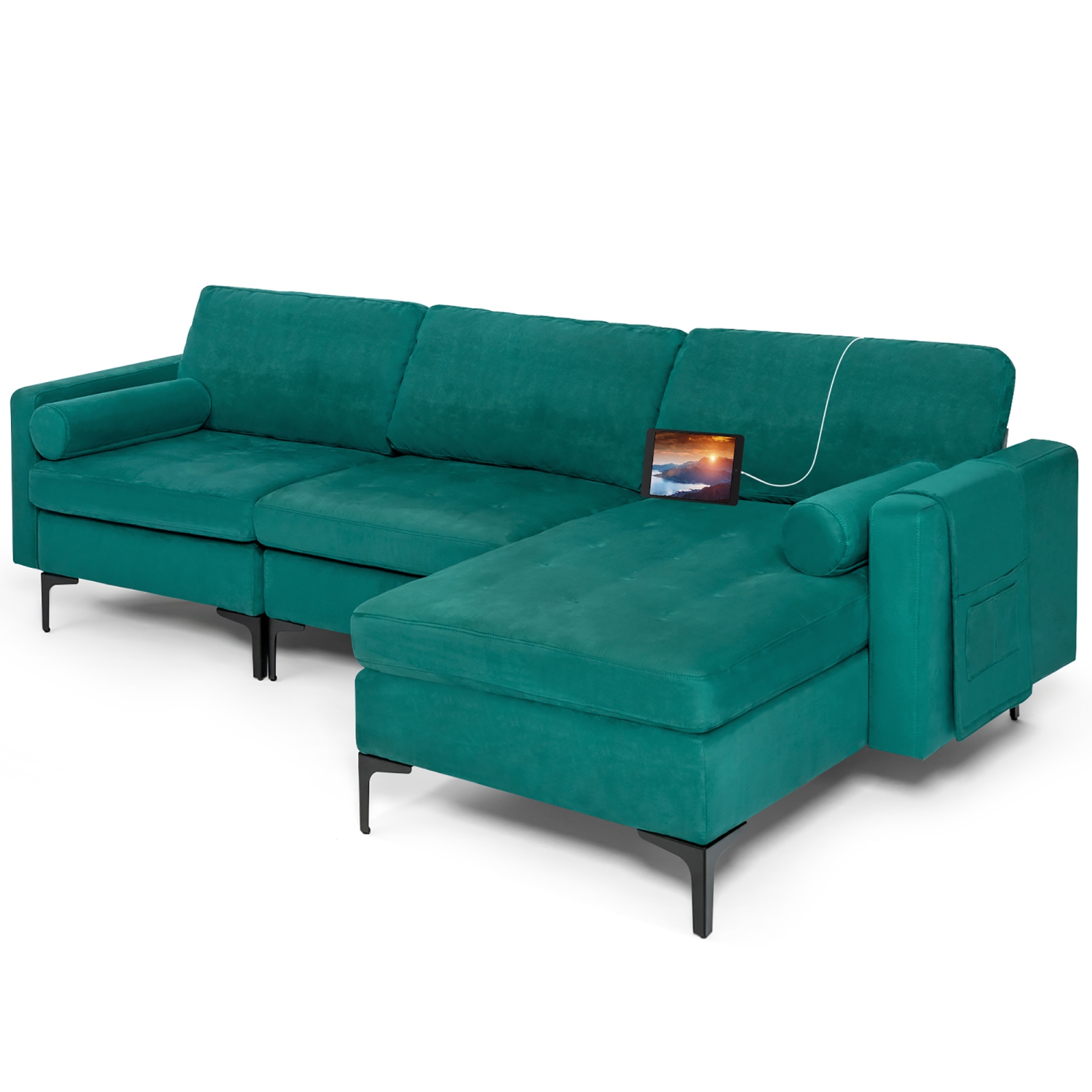Costway Modular L-shaped Sectional Sofa USB Sofa w/ Reversible Chaise & 2 USB Ports Teal
