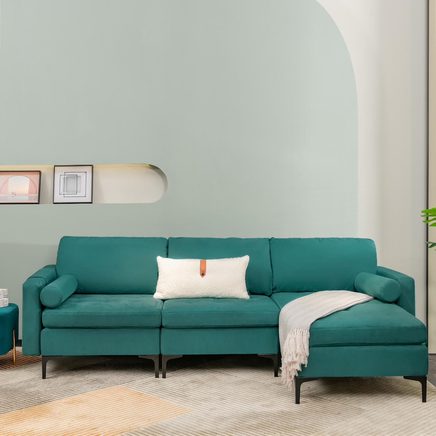 Costway Modular L-shaped Sectional Sofa USB Sofa w/ Reversible Chaise & 2 USB Ports Teal