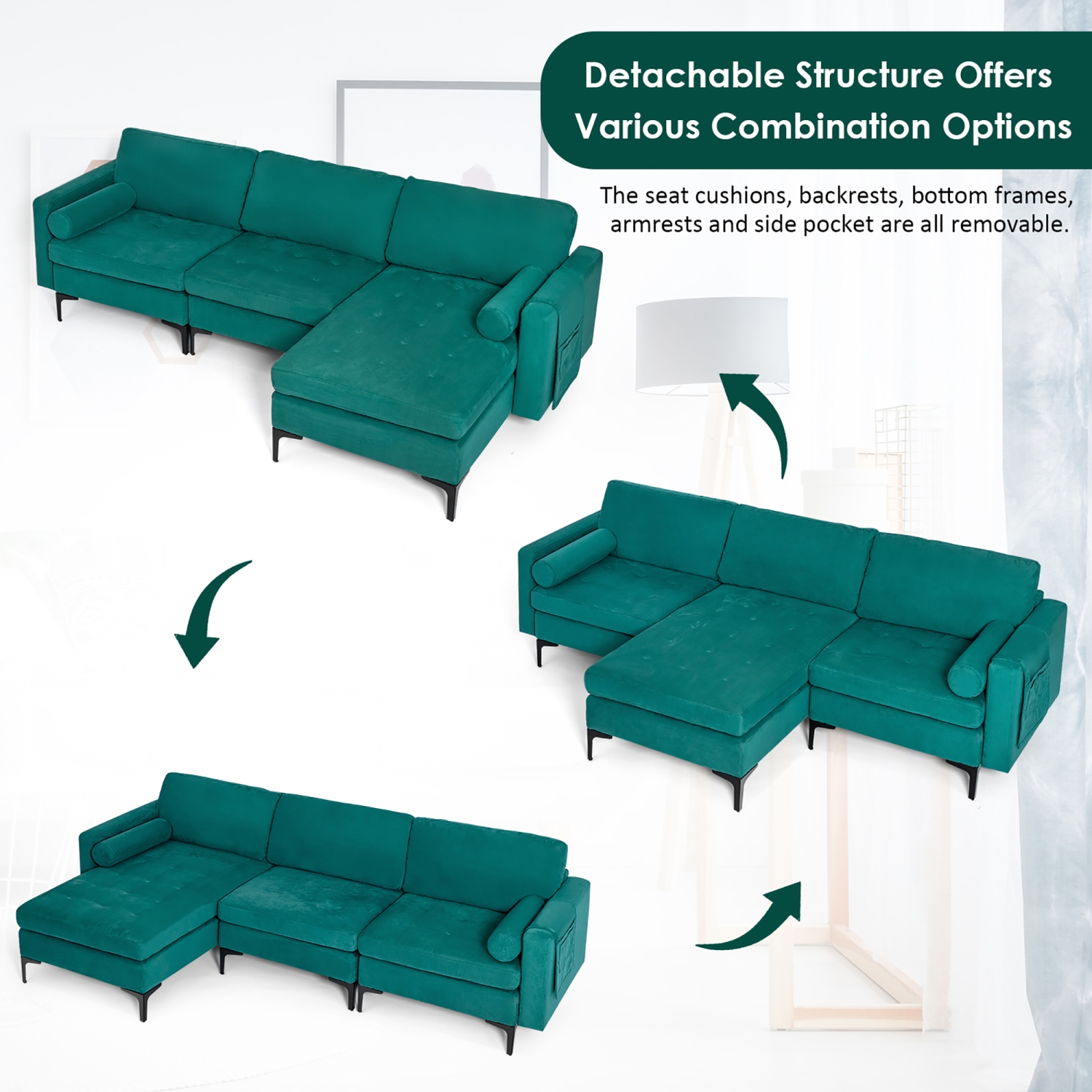 Costway Modular L-shaped Sectional Sofa USB Sofa w/ Reversible Chaise & 2 USB Ports Teal