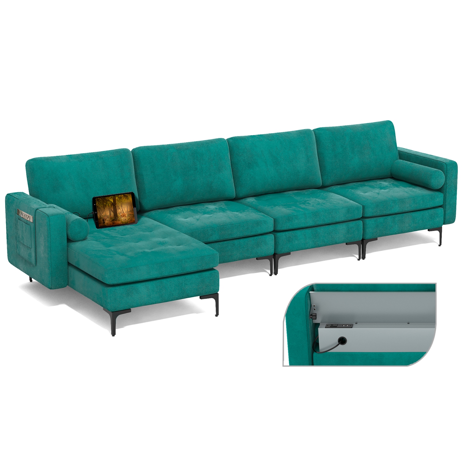 Costway Modular L-shaped Sectional Sofa USB Sofa w/ Reversible Chaise & 2 USB Ports Teal