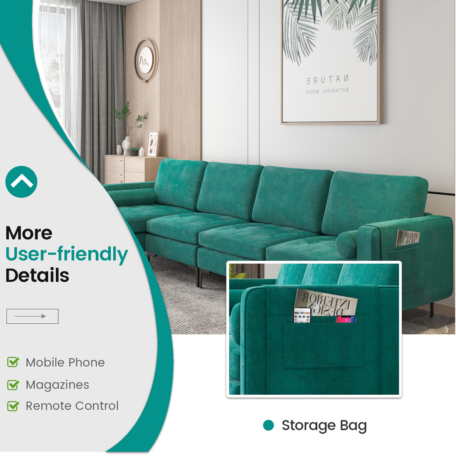 Costway Modular L-shaped Sectional Sofa USB Sofa w/ Reversible Chaise & 2 USB Ports Teal