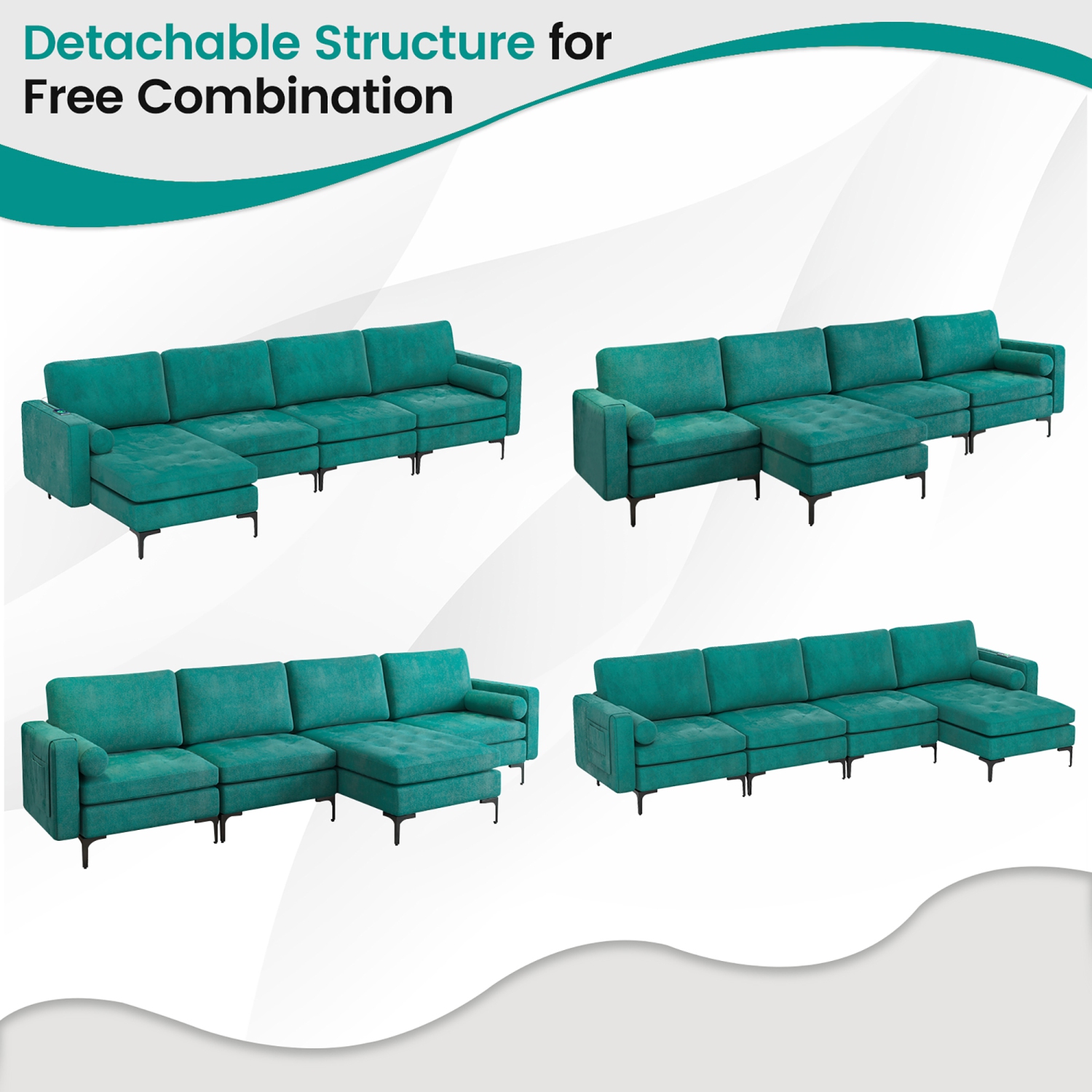 Costway Modular L-shaped Sectional Sofa USB Sofa w/ Reversible Chaise & 2 USB Ports Teal