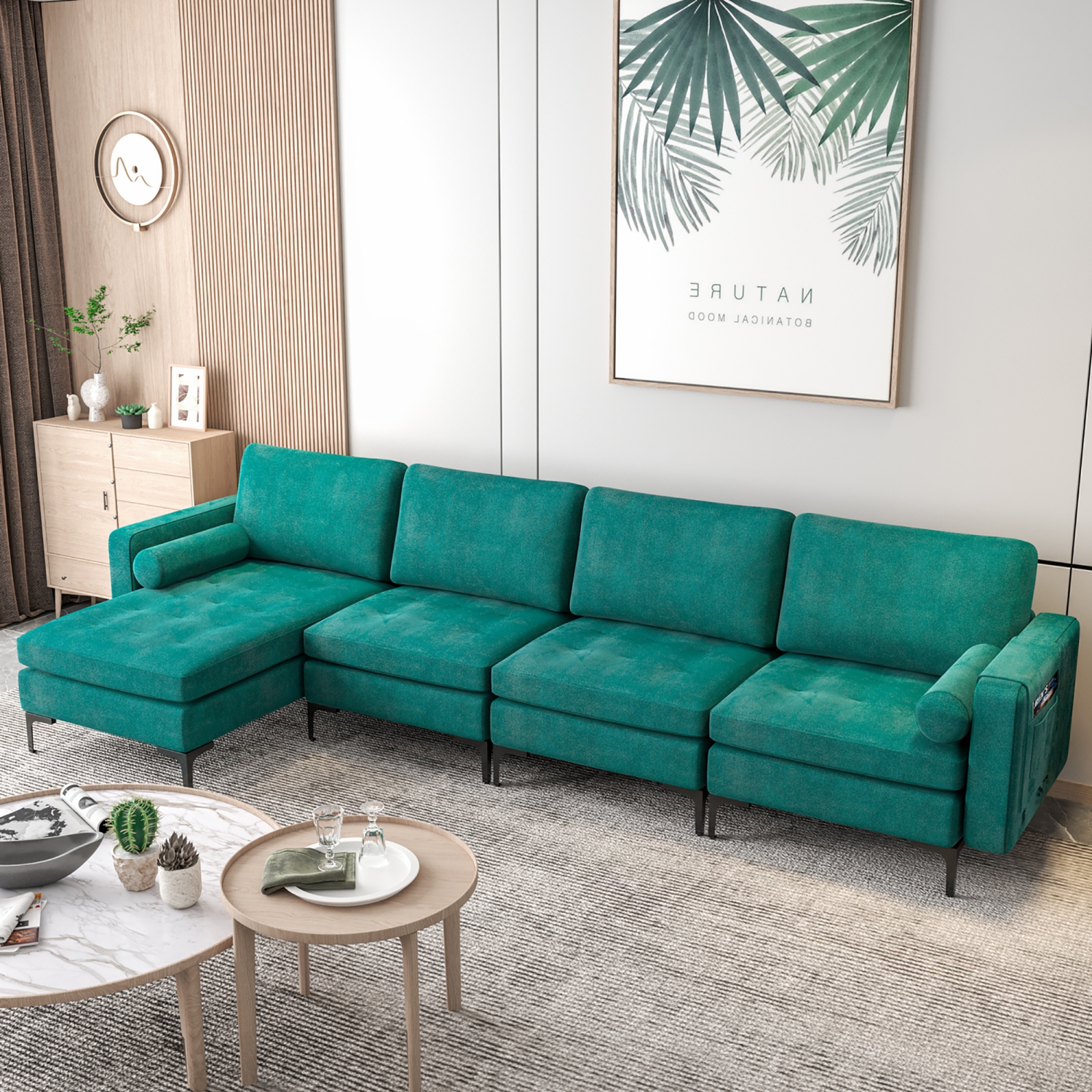 Costway Modular L-shaped Sectional Sofa USB Sofa w/ Reversible Chaise & 4 USB Ports Teal