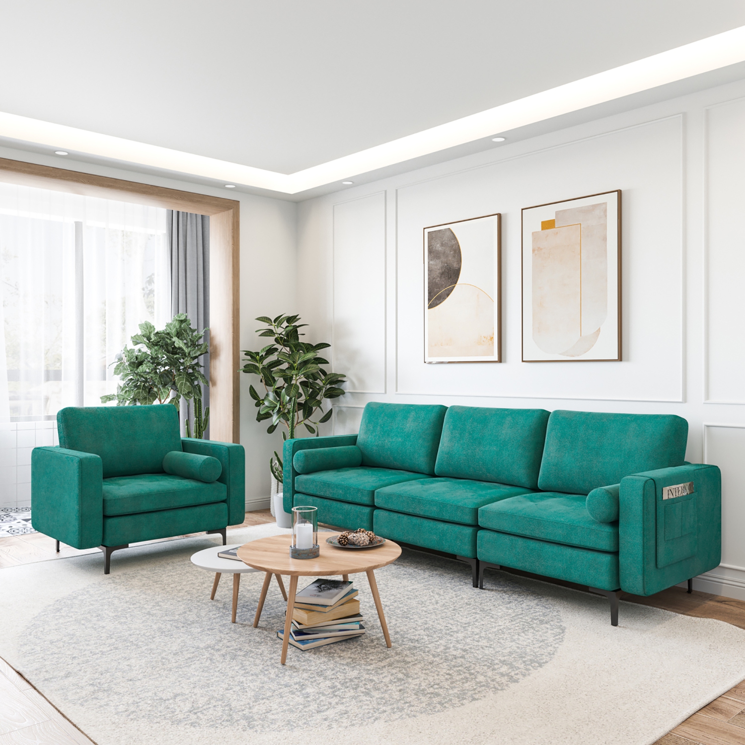 Costway Modern Modular 3-Seat Sofa Couch w/ Side Storage Pocket & Metal Leg Teal