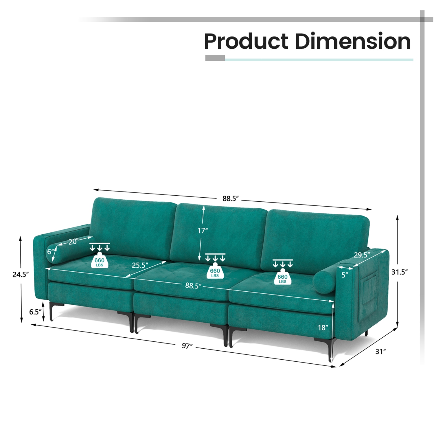 Costway Modern Modular 3-Seat Sofa Couch w/ Side Storage Pocket & Metal Leg Teal