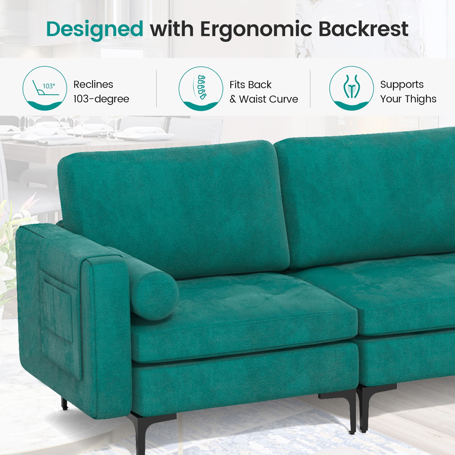 Costway Modern Modular 3-Seat Sofa Couch w/ Side Storage Pocket & Metal Leg Teal