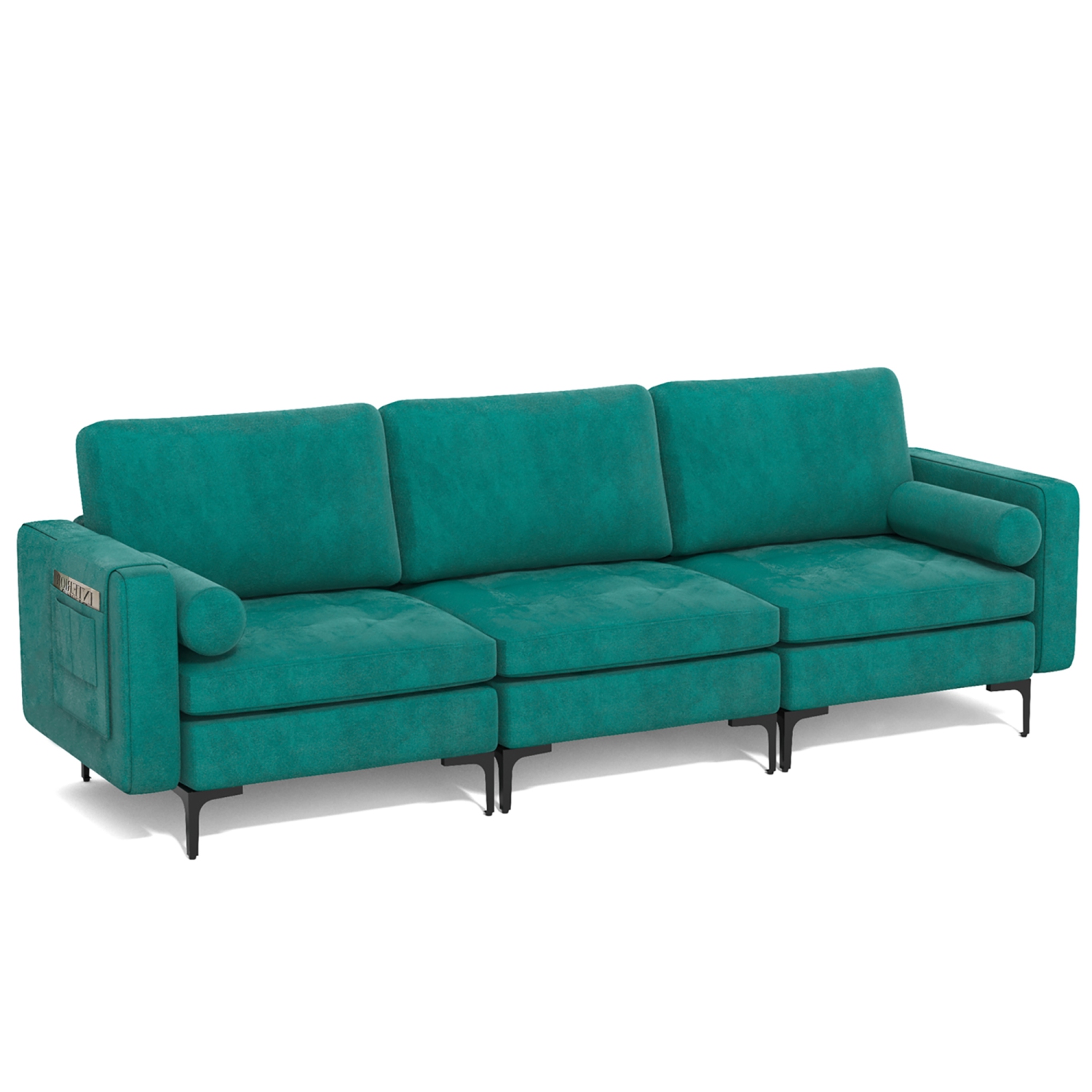 Costway Modern Modular 3-Seat Sofa Couch w/ Side Storage Pocket & Metal Leg Teal