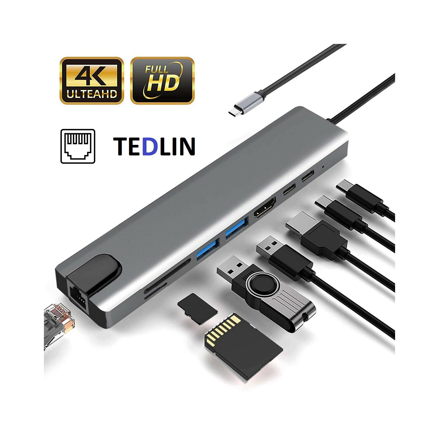 TEDLIN Hub USB C 8 en 1 en aluminium avec HDMI 4K 60 Hz, Ethernet RJ45, charge PD 100 W, lecteur de carte SD TF