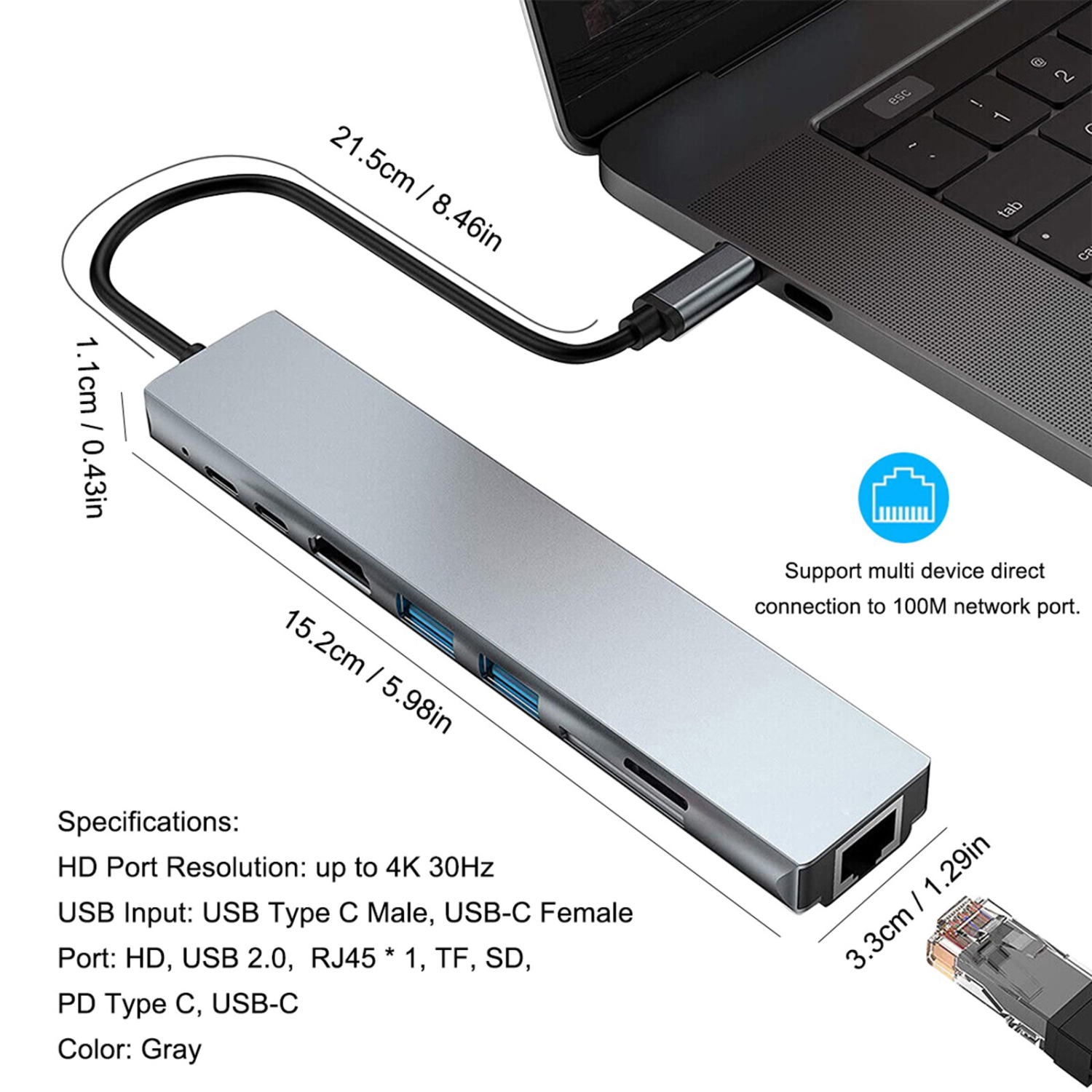 TEDLIN Hub USB C 8 en 1 en aluminium avec HDMI 4K 60 Hz, Ethernet RJ45, charge PD 100 W, lecteur de carte SD TF