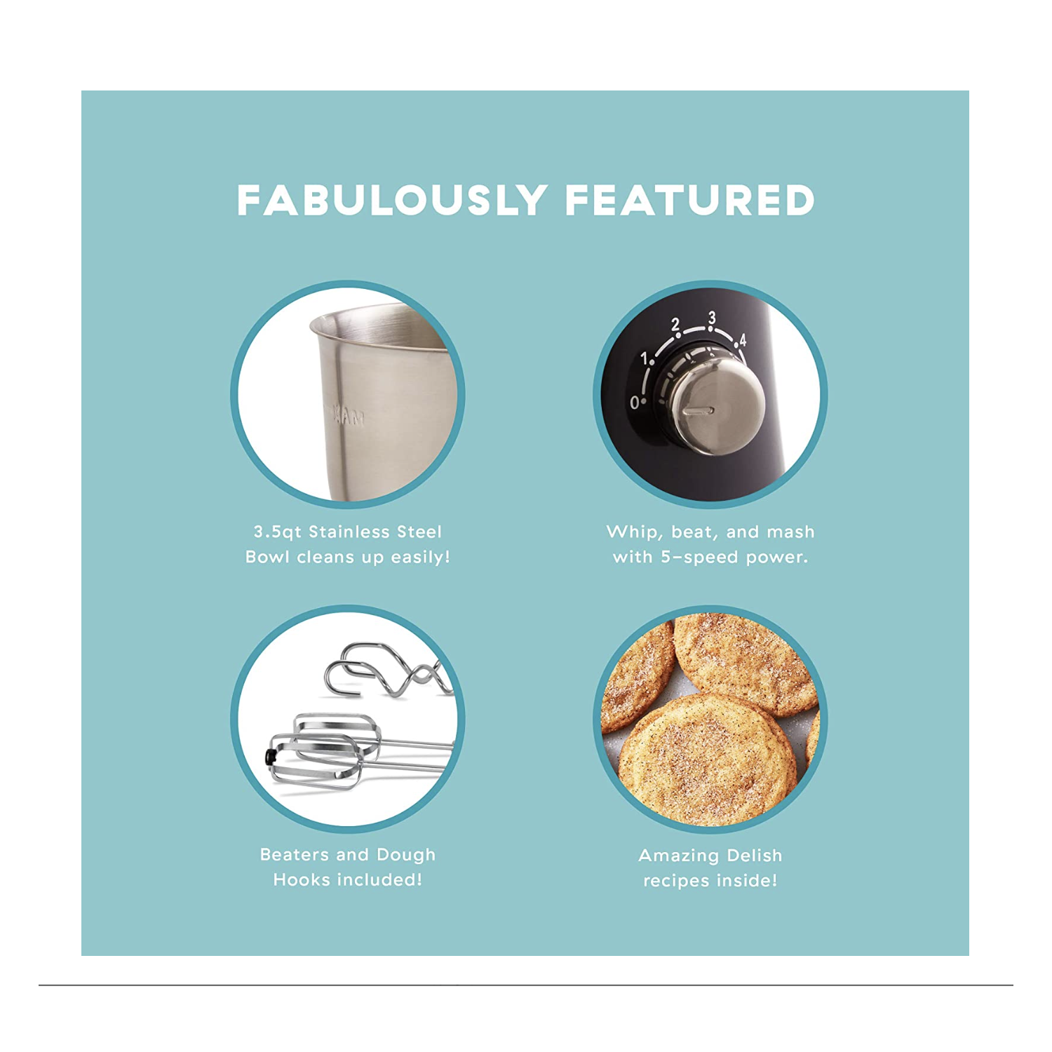 DASH Compact Stand Mixer, 3.5 Quart with Beaters & Dough Hooks Included - Black - DCSM350GBBK02