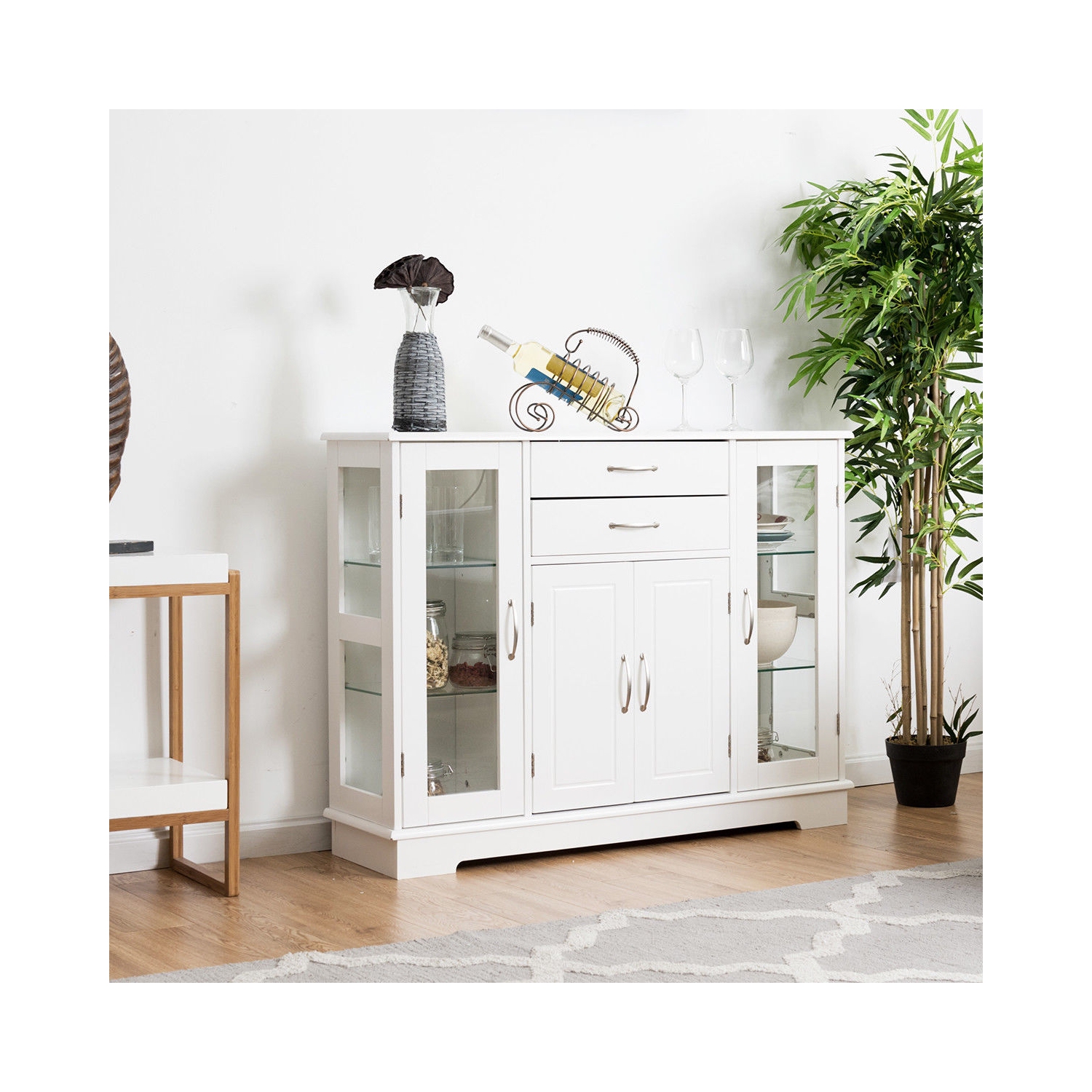 Panneau de rangement avec 2 tiroirs et armoires à devant vitré – Buffet console