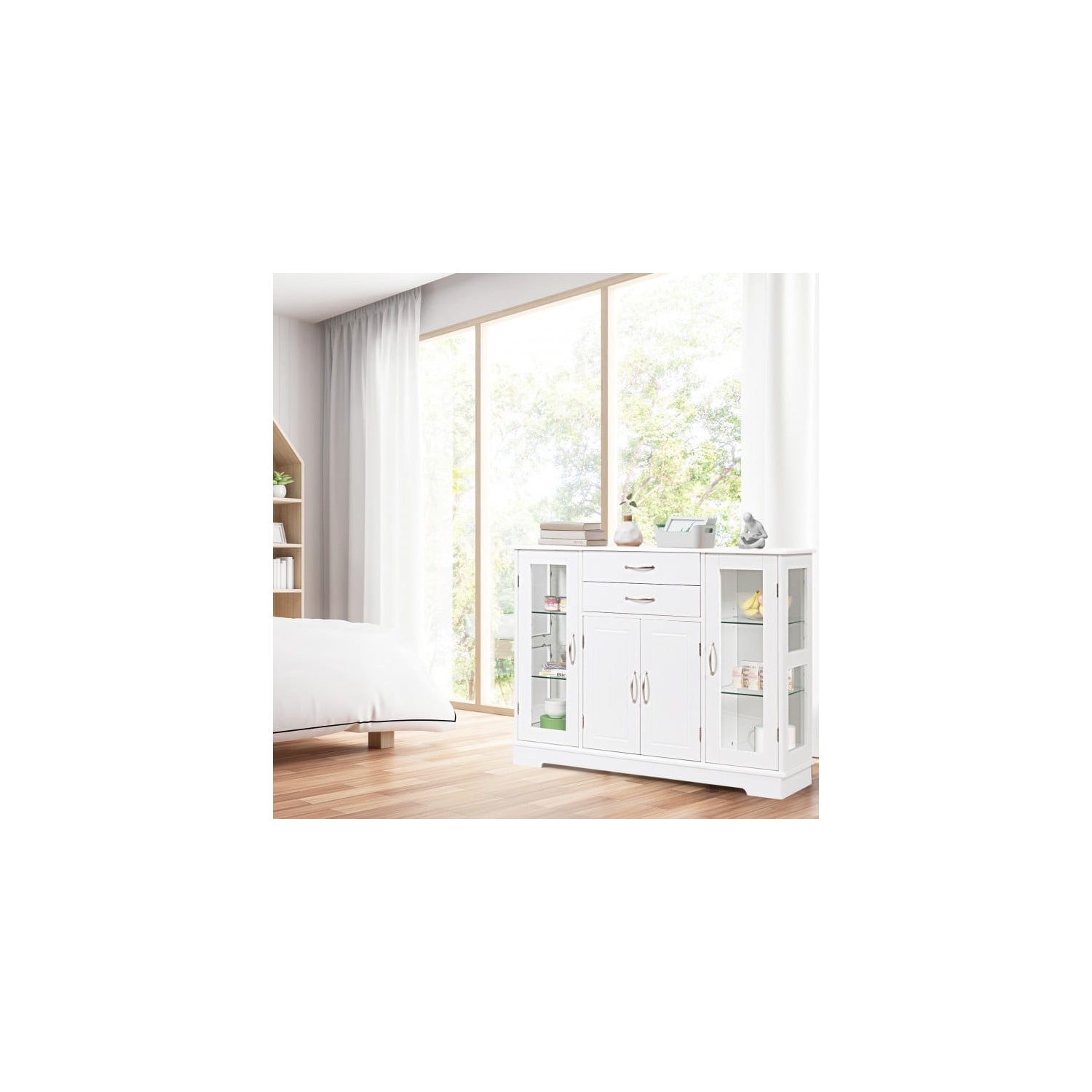 Panneau de rangement avec 2 tiroirs et armoires à devant vitré – Buffet console