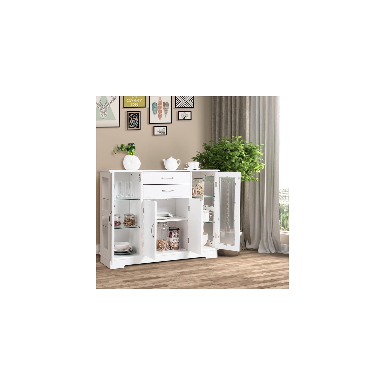 Panneau de rangement avec 2 tiroirs et armoires à devant vitré – Buffet console