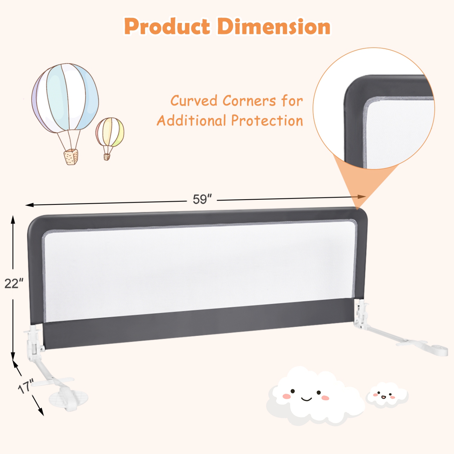 59 Inch Extra Long Folding Breathable Baby Children Toddlers Bed Rail Guard with Safety Strap-Gray