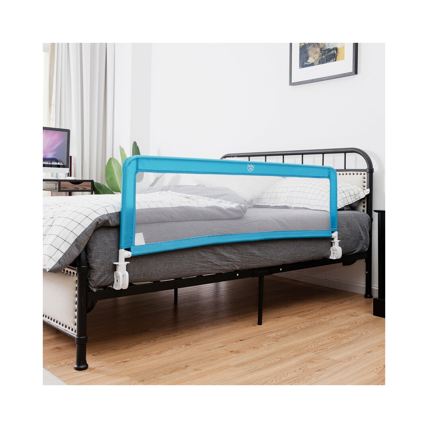 59 Inch Extra Long Folding Breathable Baby Children Toddlers Bed Rail Guard with Safety Strap-Blue