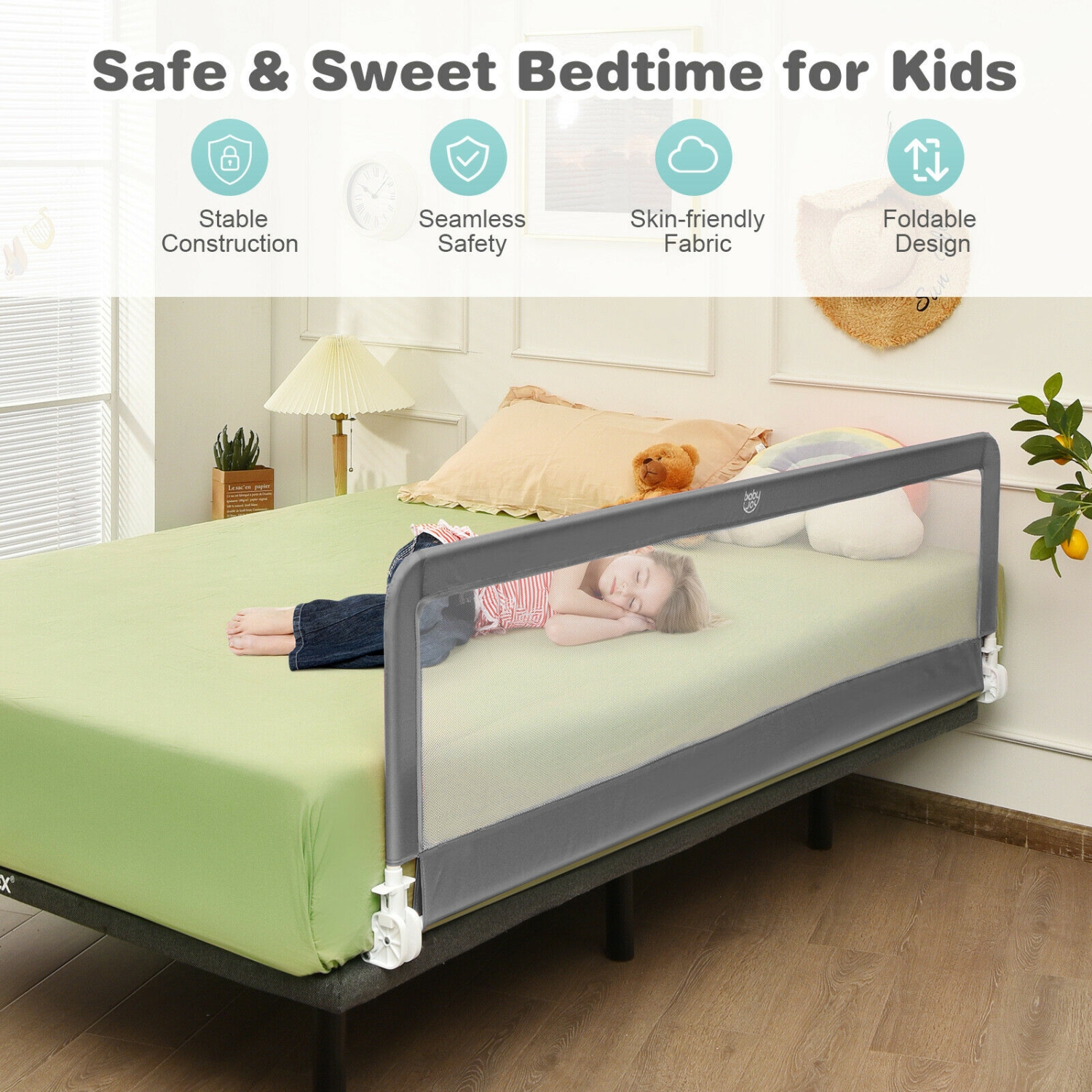 Très longue barrière de sécurité pour lit basculant avec sangles de sécurité pour la protection de tout-petit
