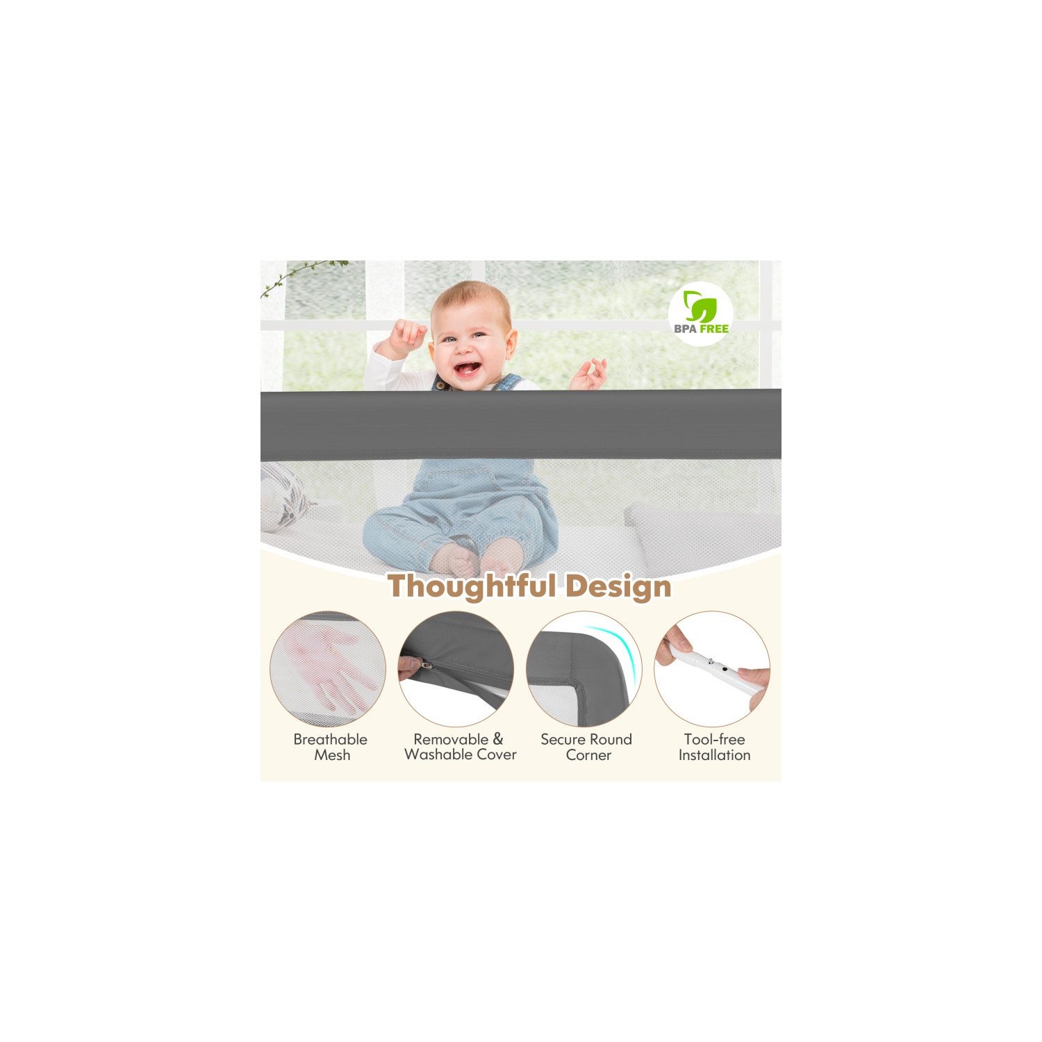 Très longue barrière de sécurité pour lit basculant avec sangles de sécurité pour la protection de tout-petit