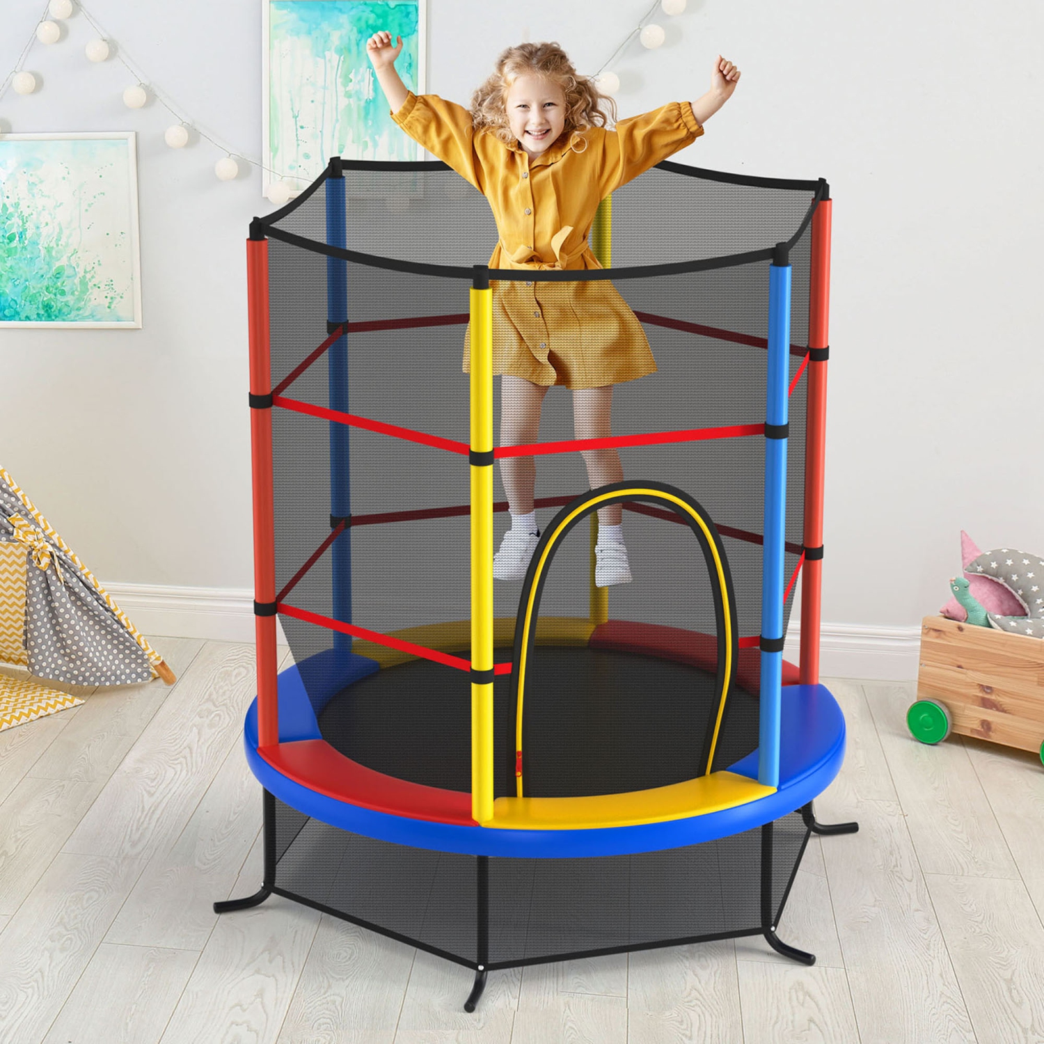 Gymax 55'' Trampoline for Kids Toddler Recreational Trampoline w/ Safety Enclosure Net