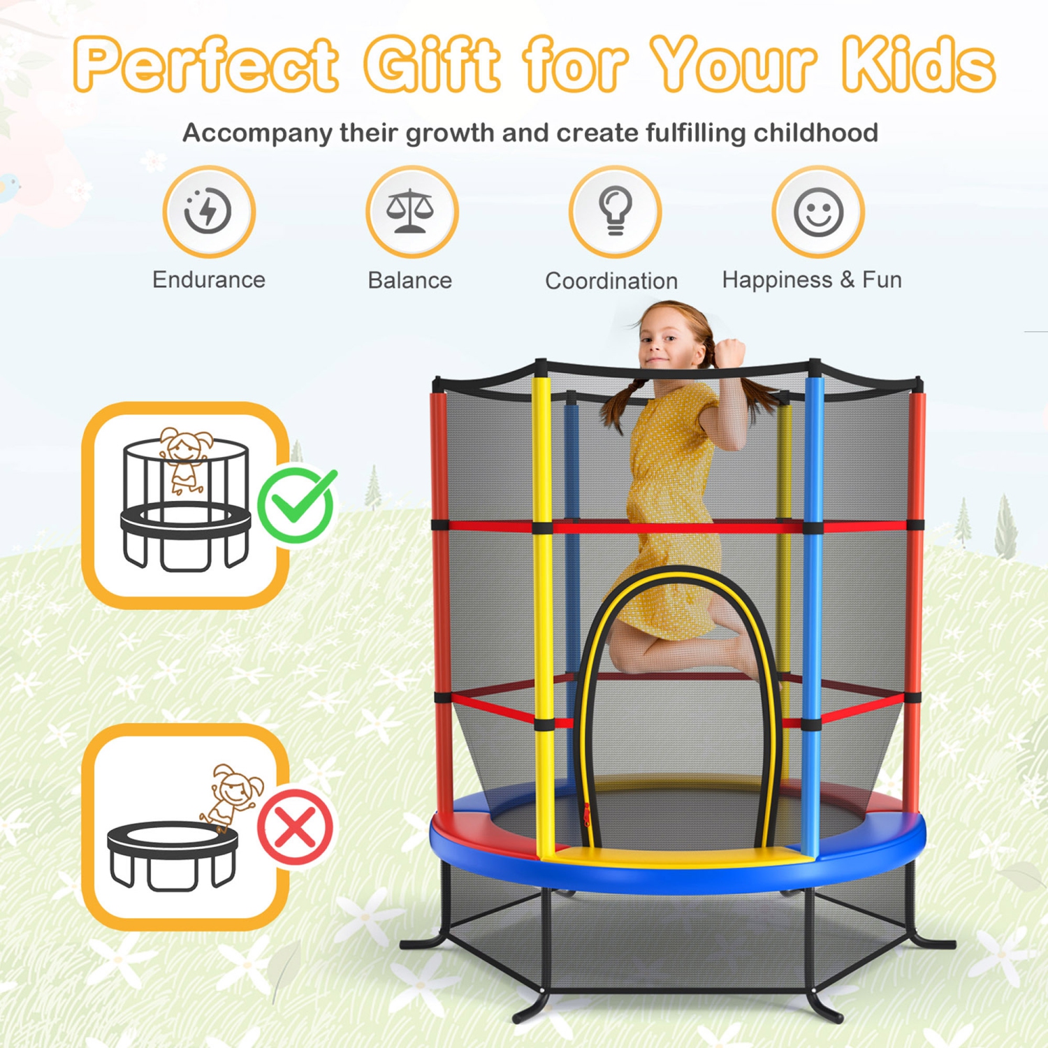Gymax 55'' Trampoline for Kids Toddler Recreational Trampoline w/ Safety Enclosure Net