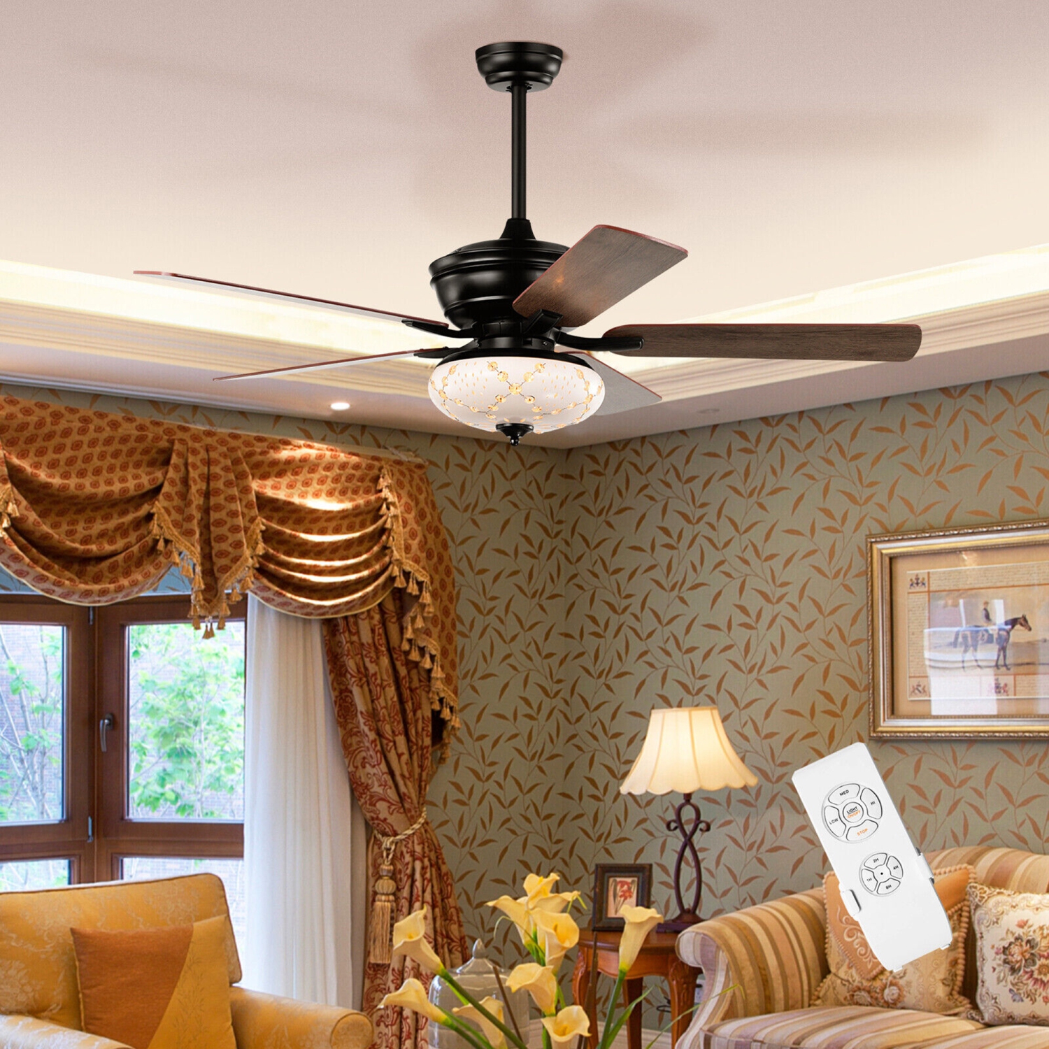 Gymax 52'' Ceiling Fan with 3 Wind Speeds 5 Reversible Blades & Remote Control