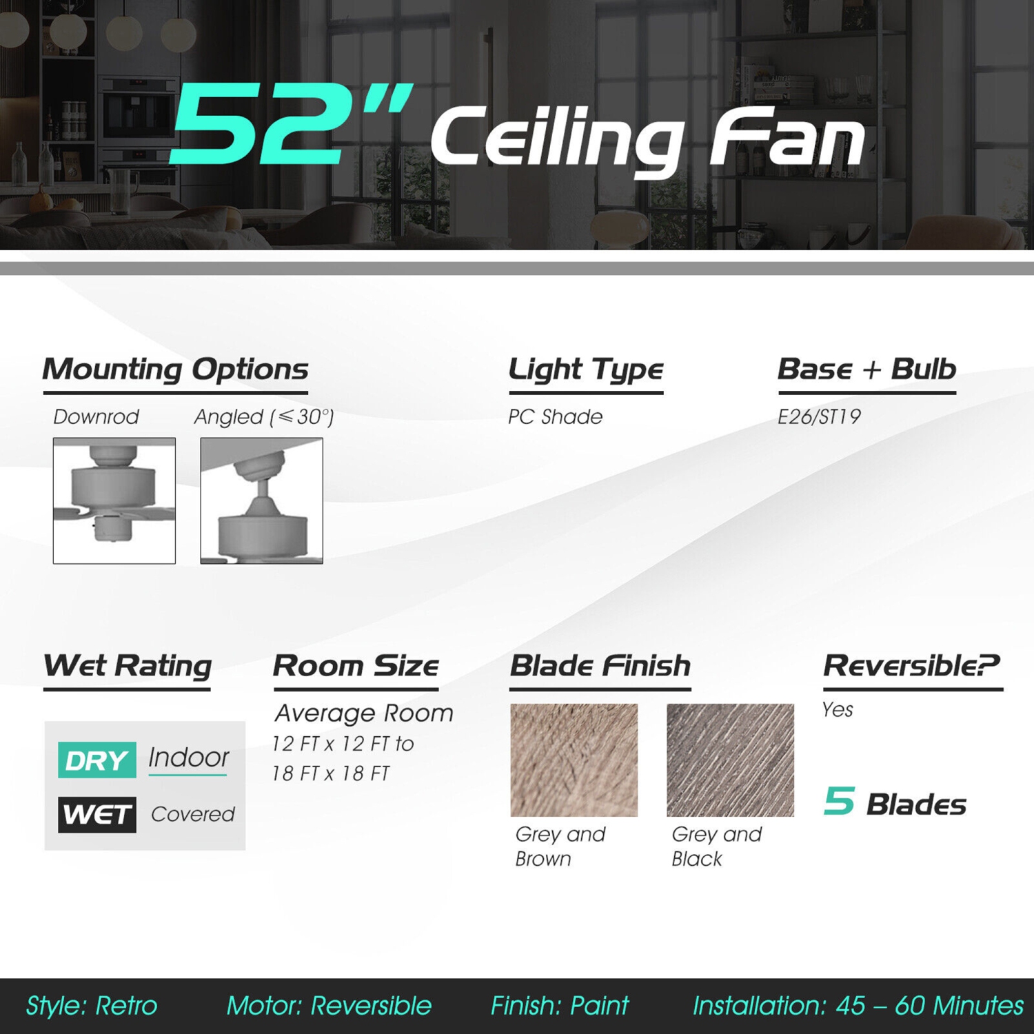 Marque Gymax Ventilateur 132 cm de Plafond avec 3 Vitesses de Ventilation 5 Pales Réversibles & Télécommande