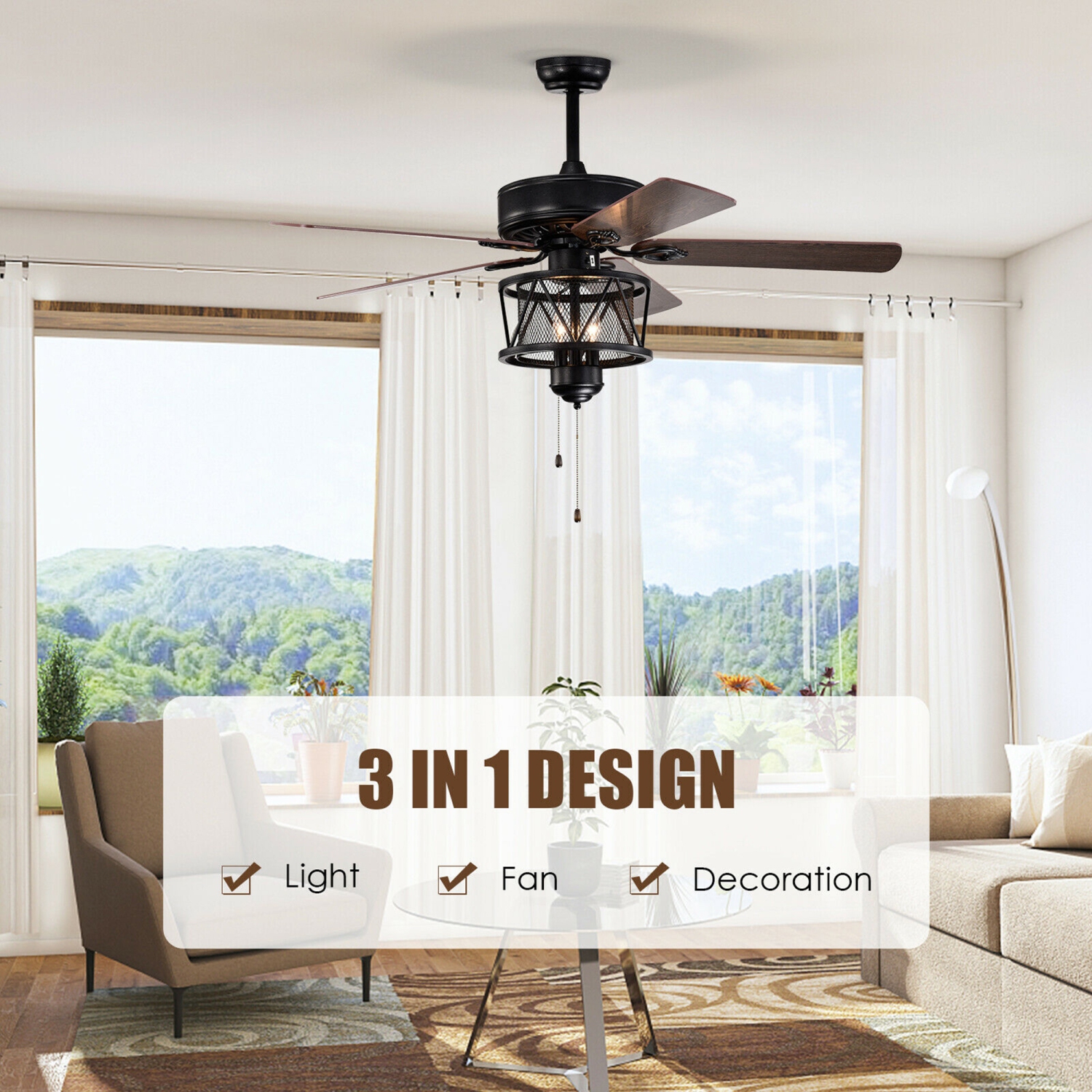 Gymax 50'' Ceiling Fan with Lights Reversible Blades w/ Pull Chain Control Living Room