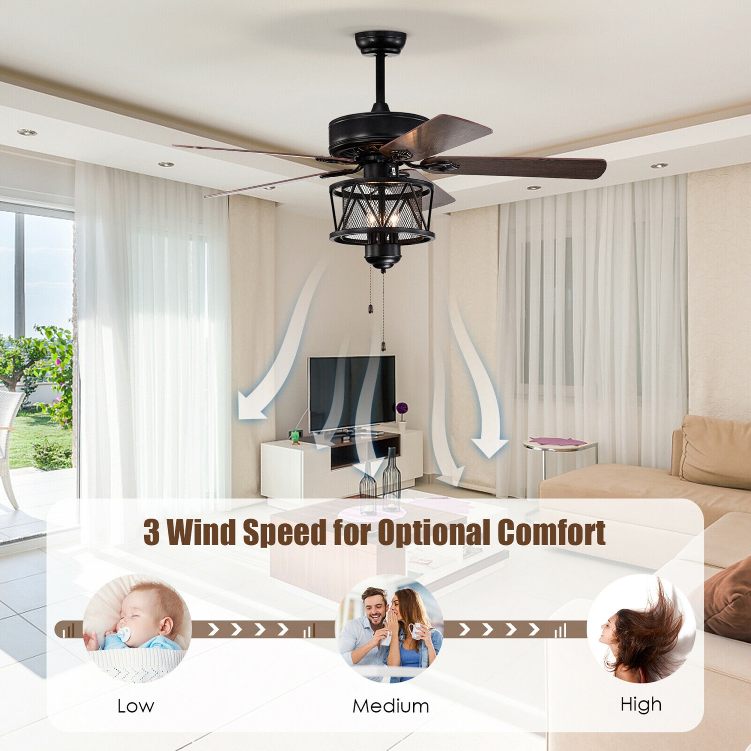 Gymax 50'' Ceiling Fan with Lights Reversible Blades w/ Pull Chain Control Living Room