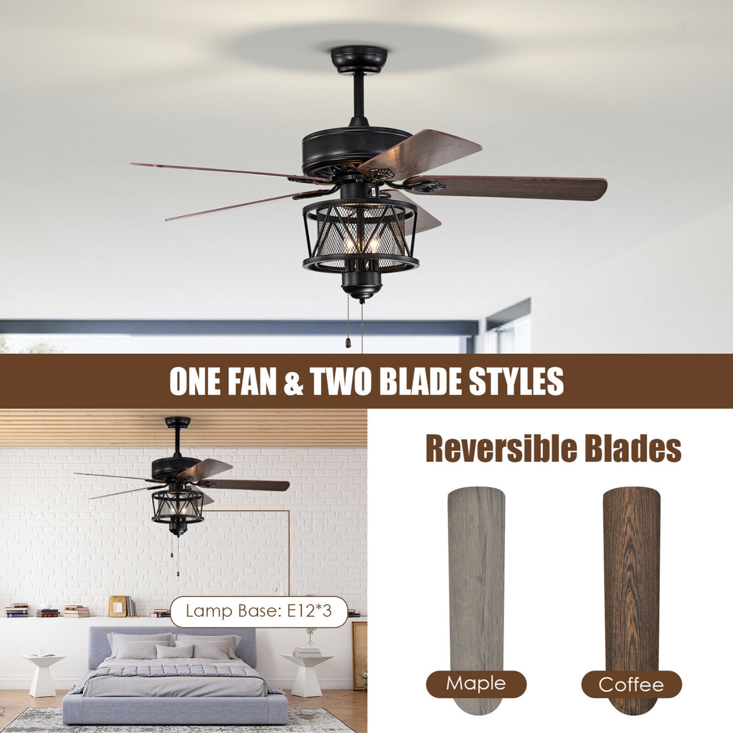 Gymax 50'' Ceiling Fan with Lights Reversible Blades w/ Pull Chain Control Living Room