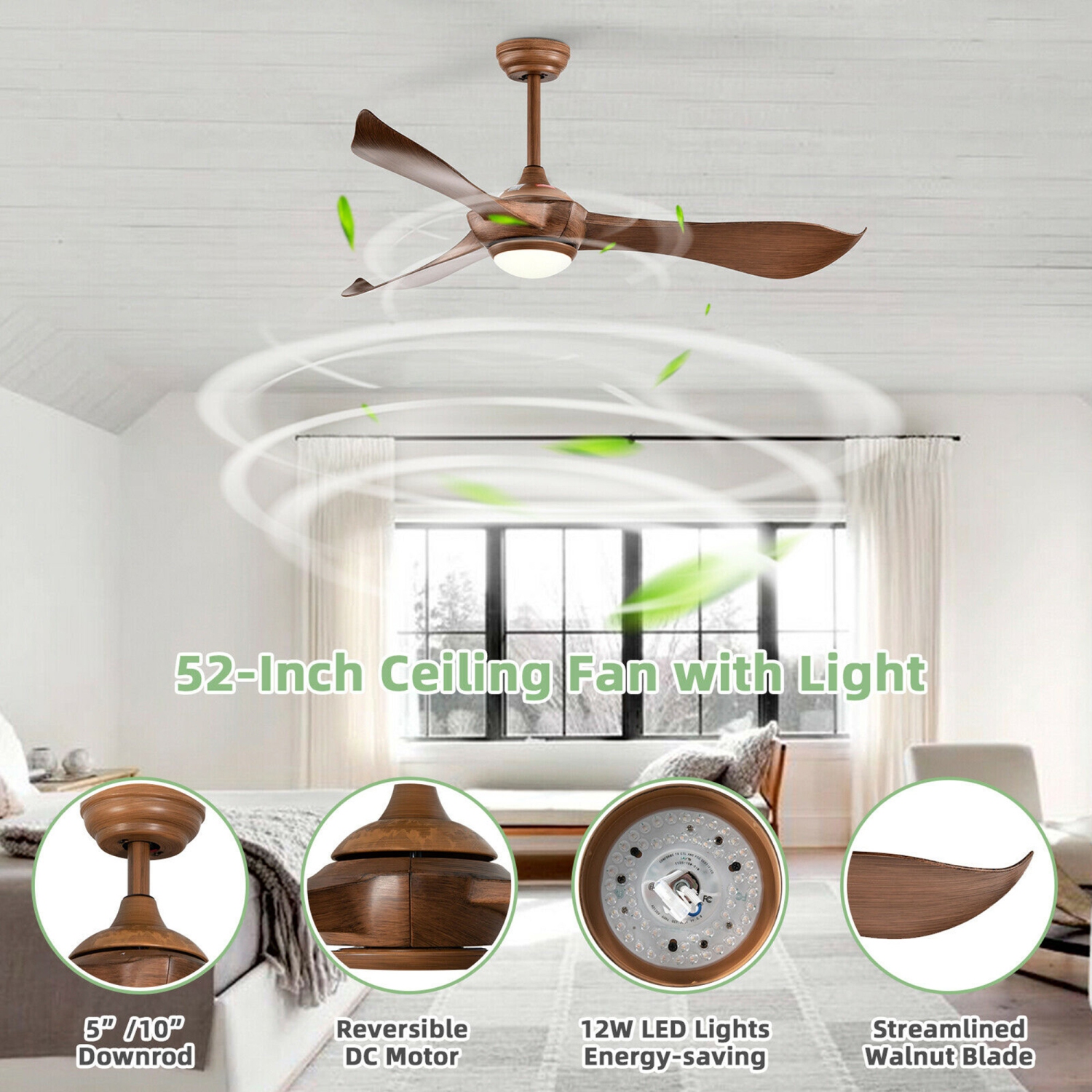 Gymax 52 Inch Ceiling Fan with Light Reversible DC Motor w/6 Wind Speeds & 8H Timer