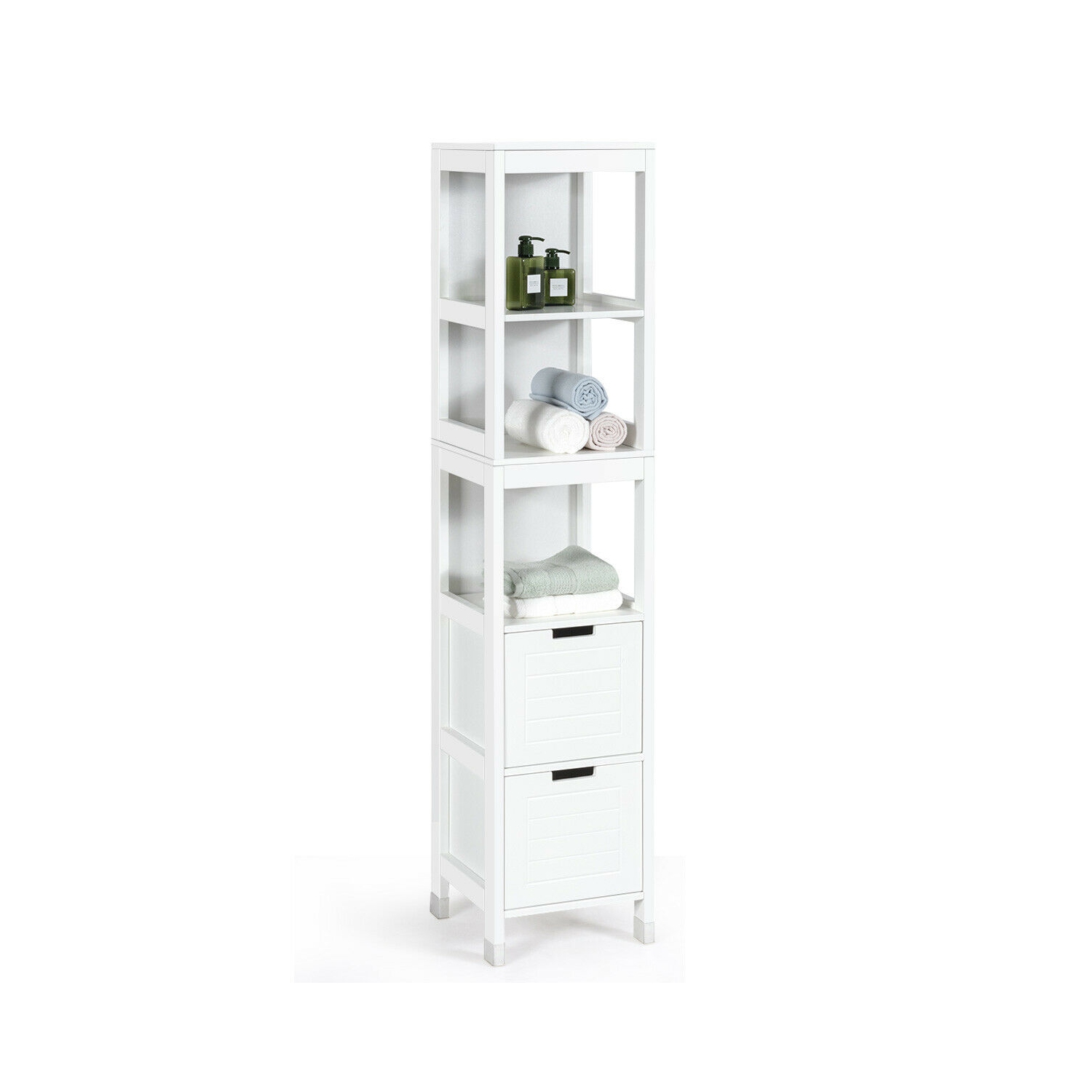 Gymax Bathroom Floor Cabinet Multifunctional Storage Organizer 5Tier Shelves&2 Drawers
