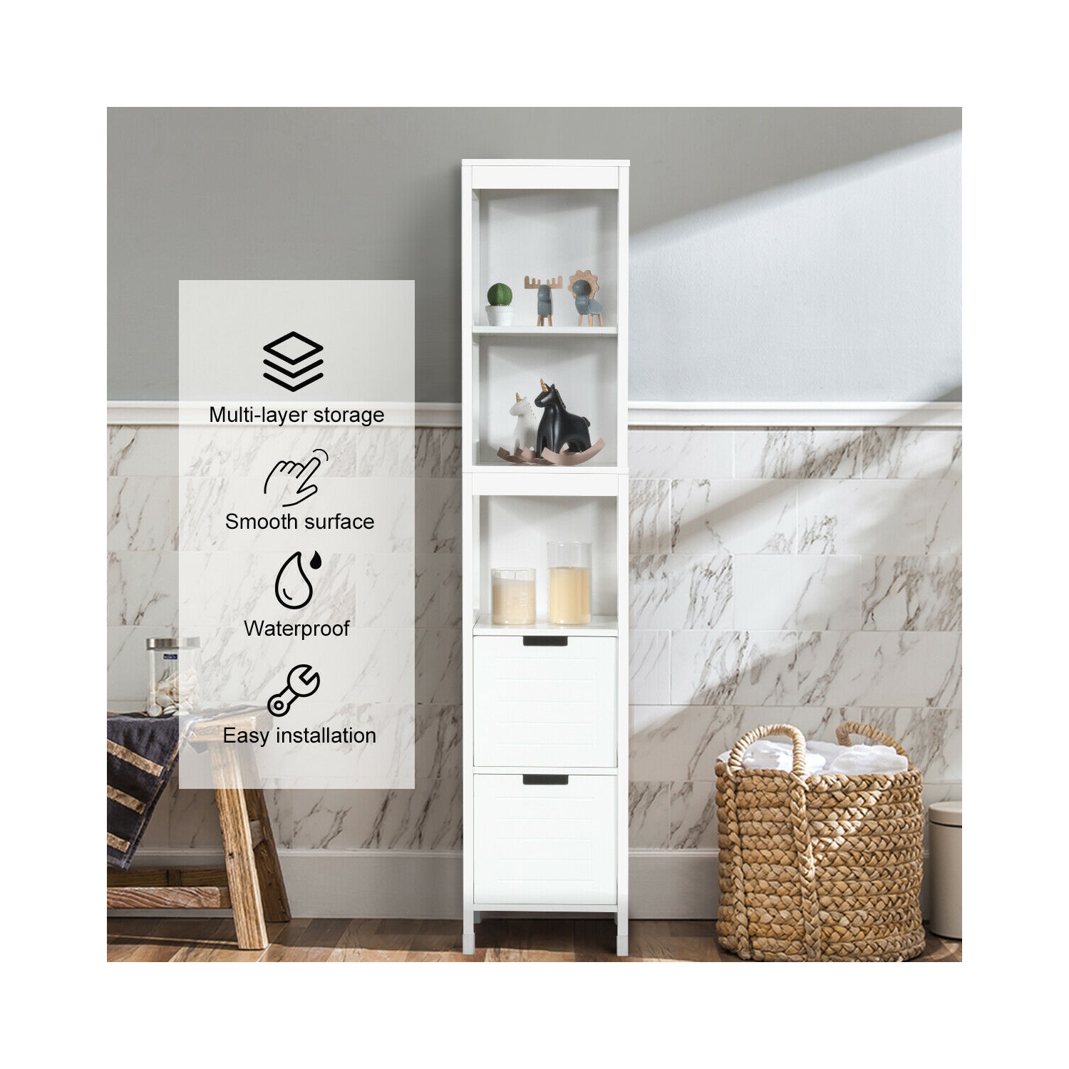 Gymax Bathroom Floor Cabinet Multifunctional Storage Organizer 5Tier Shelves&2 Drawers