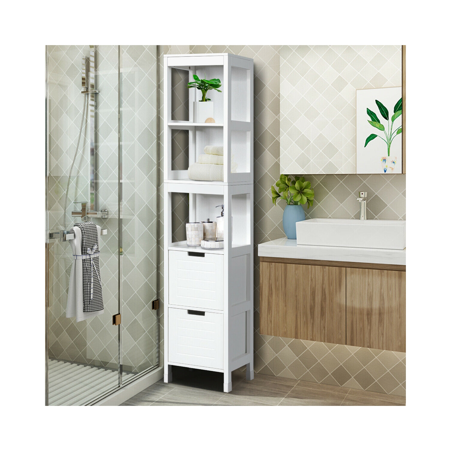 Gymax Bathroom Floor Cabinet Multifunctional Storage Organizer 5Tier Shelves&2 Drawers