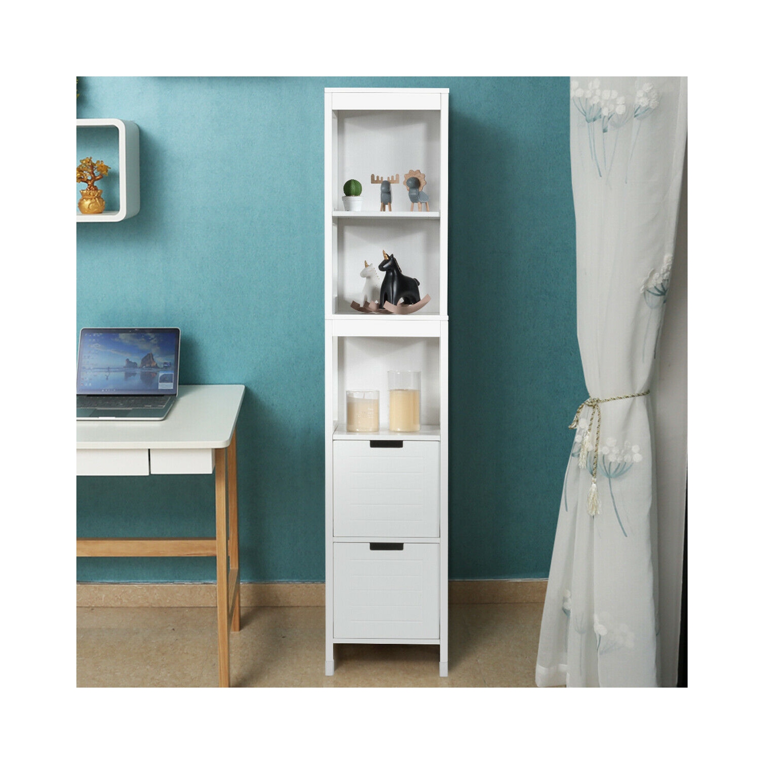Gymax Bathroom Floor Cabinet Multifunctional Storage Organizer 5Tier Shelves&2 Drawers