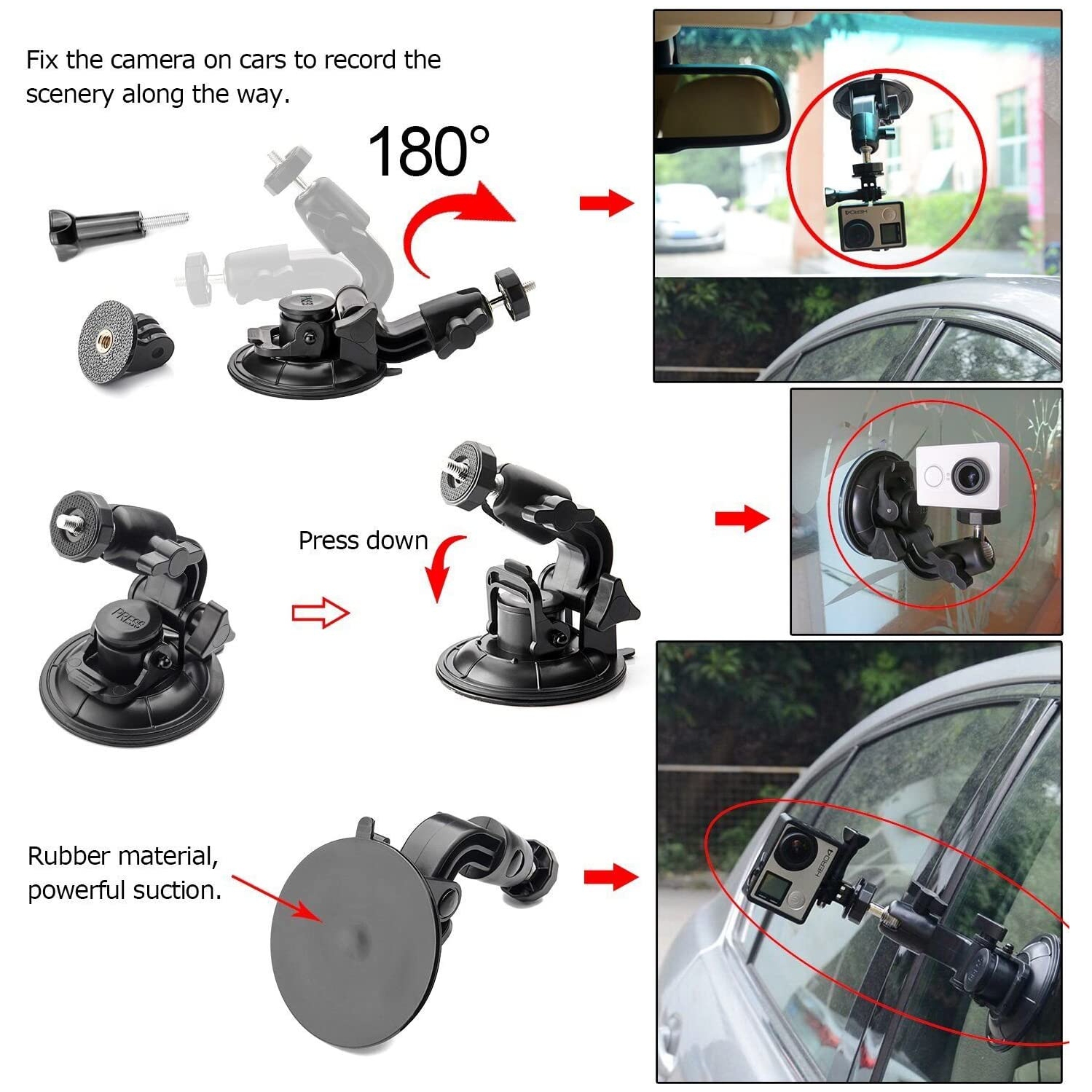 360 Degrees Rotation Suction Cup Mount+Tripod Adapter+Long Mounting Screw For Gopro Windshield Mount Hero7/6/5 Black Hero 4 Silver Xiaomi YI 4k Gitup