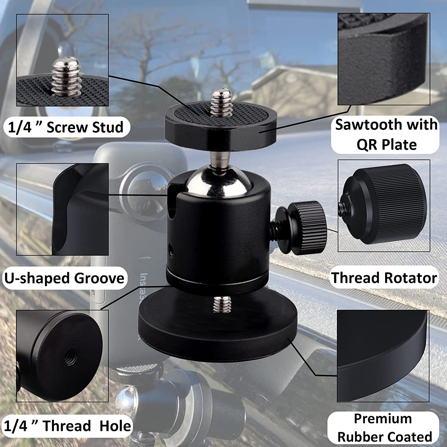 24lb Magnetic Camera Mounting Base with 1/4 Mini Ball Head, Super Strong Rubber Coating Neodymium Magnet with 1/4''-20 Male Thread Stand for Mobile