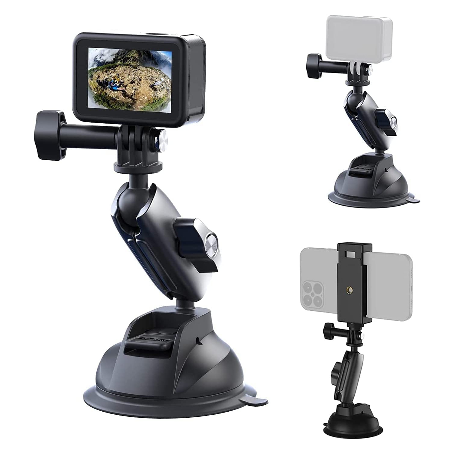 Support à ventouse en alliage d’aluminium pour rotation à 360° GoPro et téléphone cellulaire avec filetage 1/4-20 pour GoPro Hero 10/9/Max, Insta360,