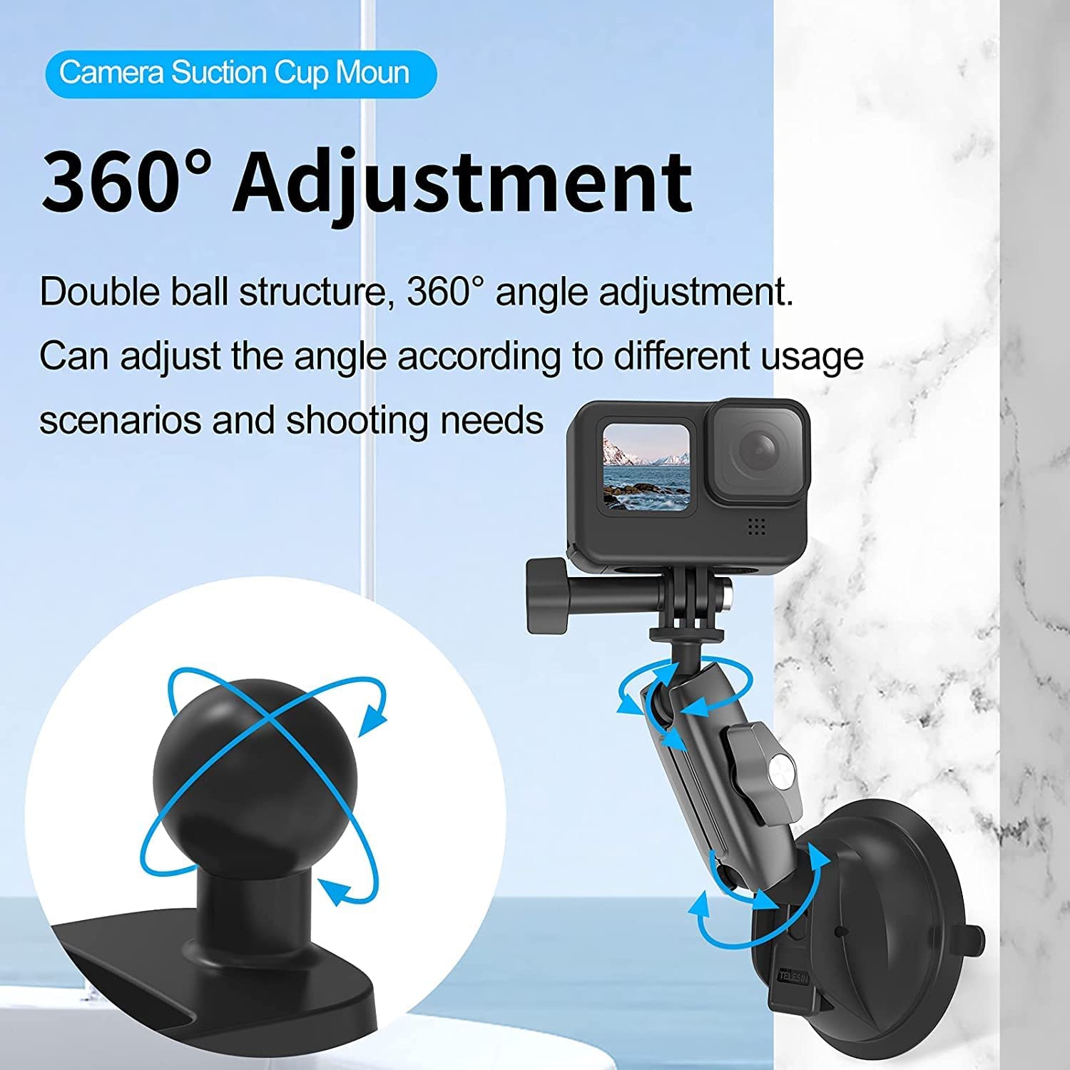 Support à ventouse en alliage d’aluminium pour rotation à 360° GoPro et téléphone cellulaire avec filetage 1/4-20 pour GoPro Hero 10/9/Max, Insta360,