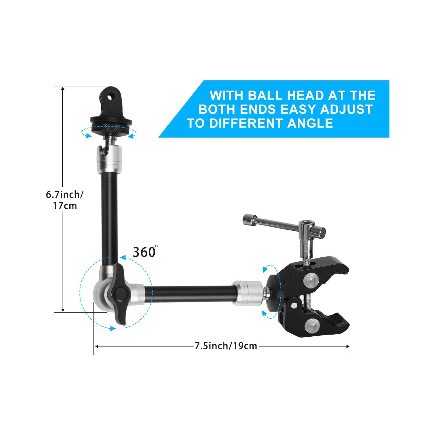 Bras articulé robuste et ajustable de 11 pi Magic Arm avec pince pour caméra d’action sans miroir caméscope téléphone cellulaire GoPro iPhone Monitor