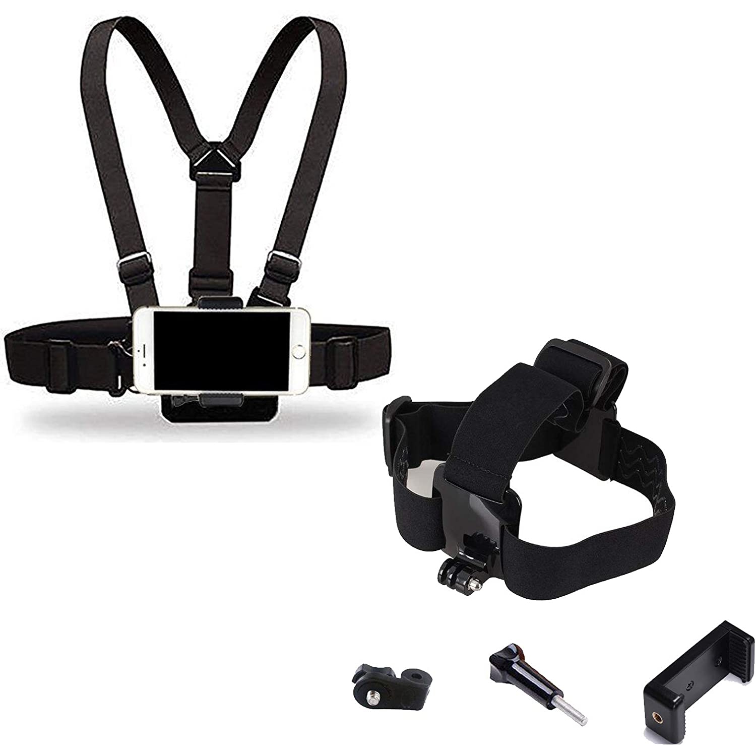 2in1 Chest Mount+ Head Mount Strap Harness with Phone Clip & J-Hook for Sport Action Camera/ for iPhone 13 12 11 Pro Max,Xs Max XR /Any Smart Phone