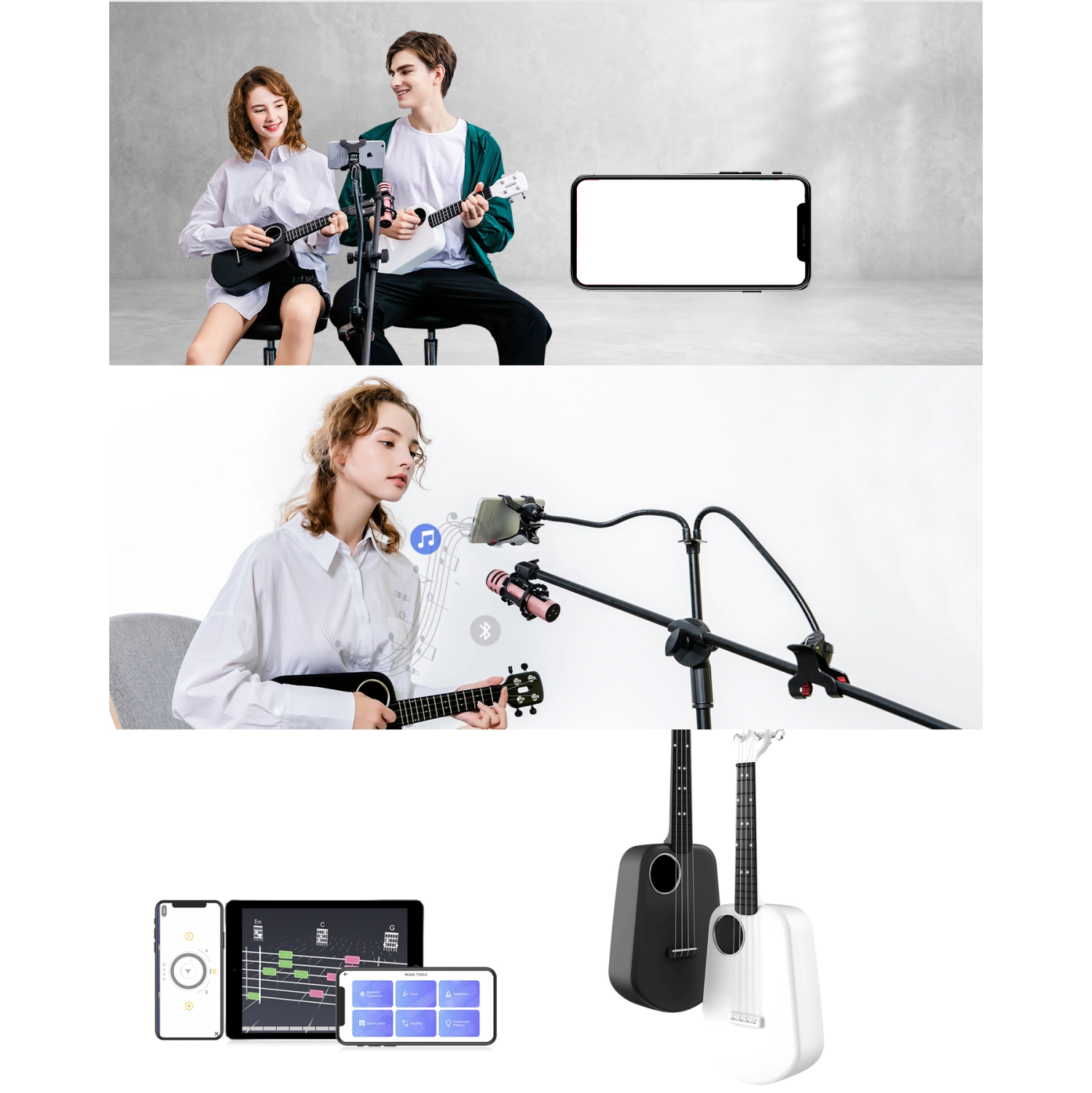 Ukulélé intelligent série en fibre de carbone série 2 de populaire - Blanc